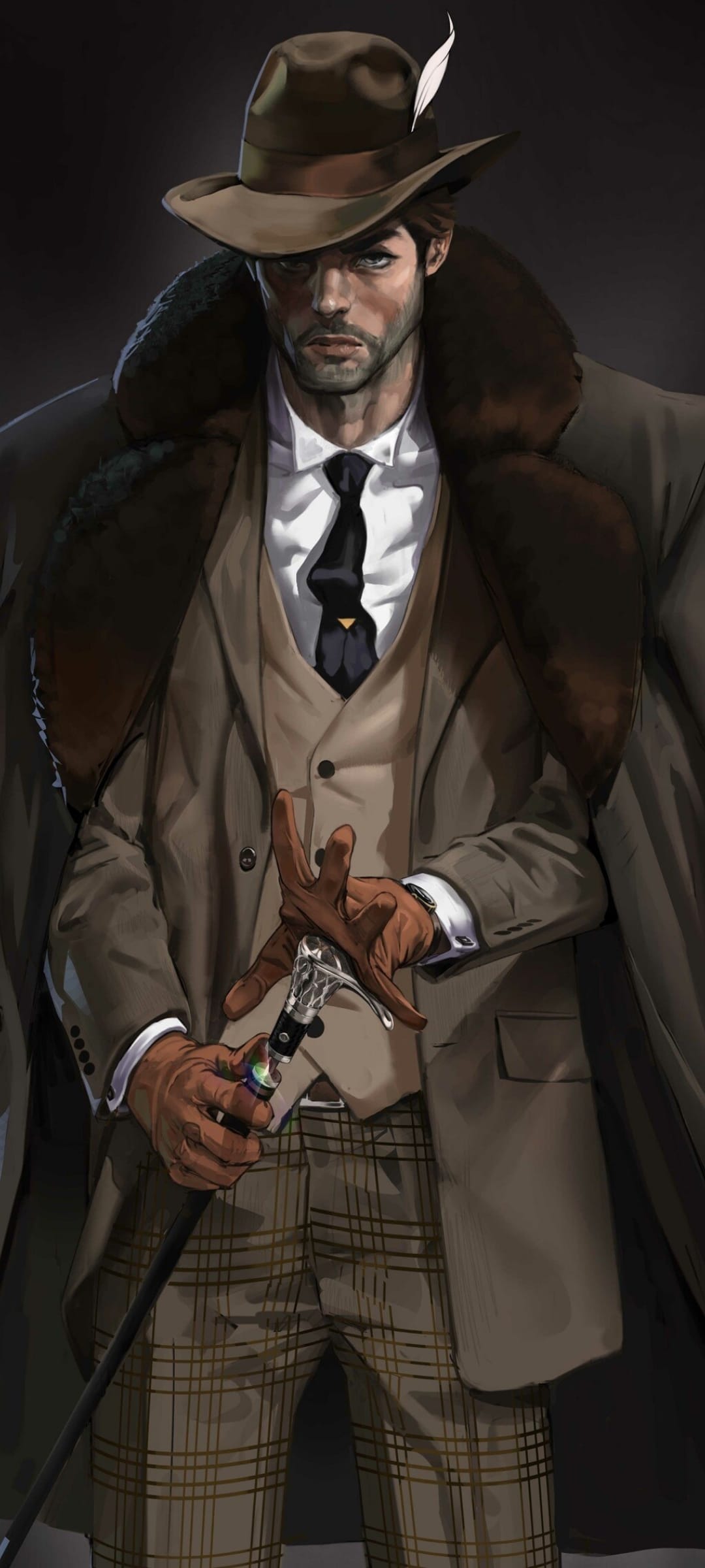 Man in a brown fedora and fur-collared coat holds a cane while wearing plaid pants and leather gloves.