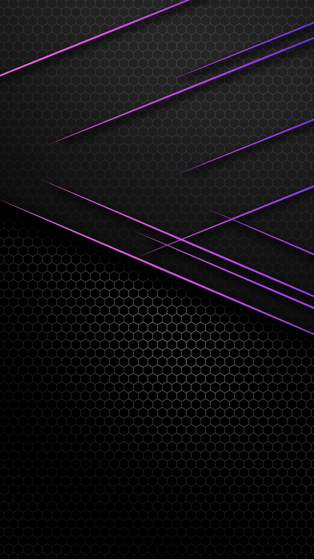Purple and pink diagonal lines cross over a dark grey hexagonal honeycomb pattern with a matte textured finish.