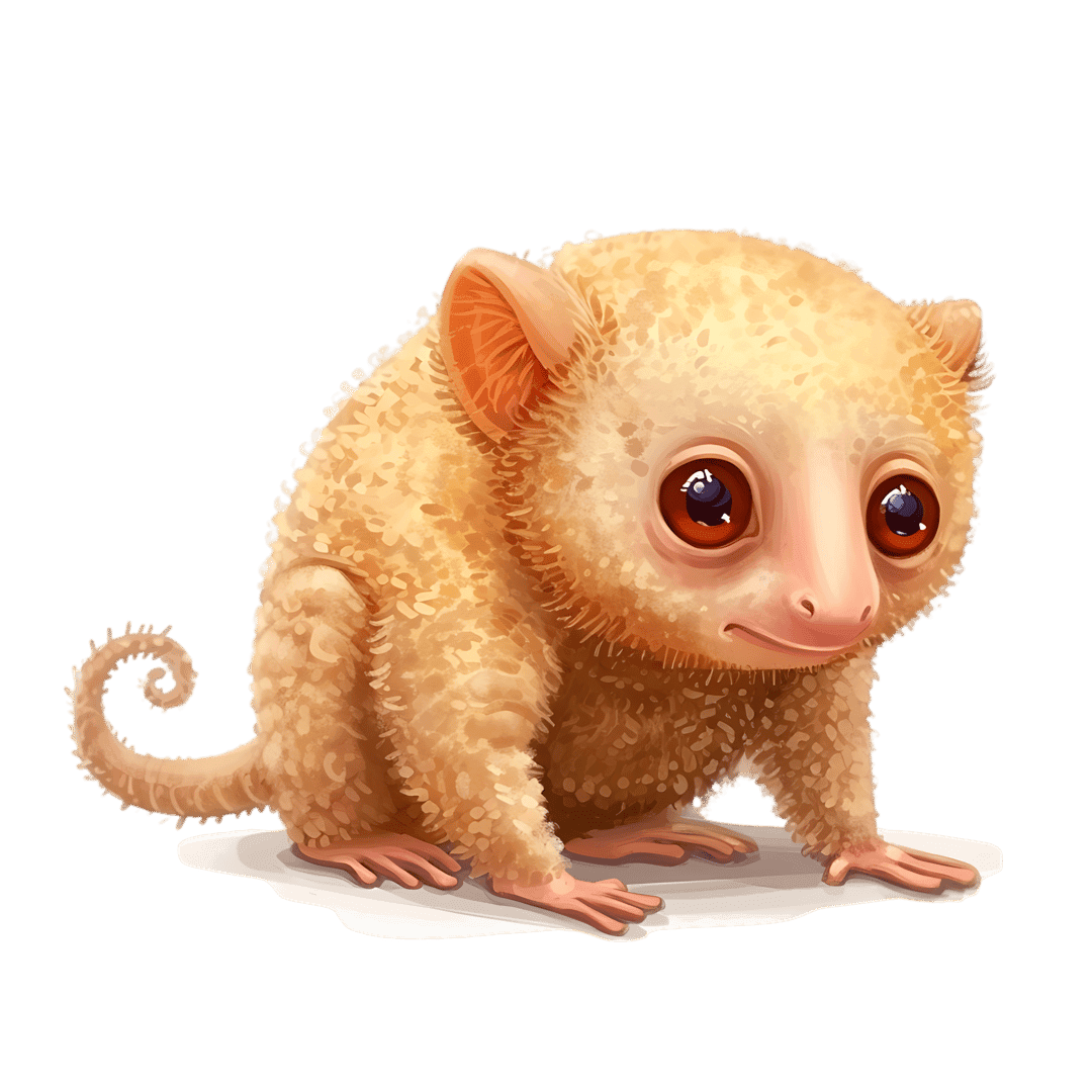 Small tarsier primate with large red eyes and fluffy brown fur sits against a dark background in a detailed style.
