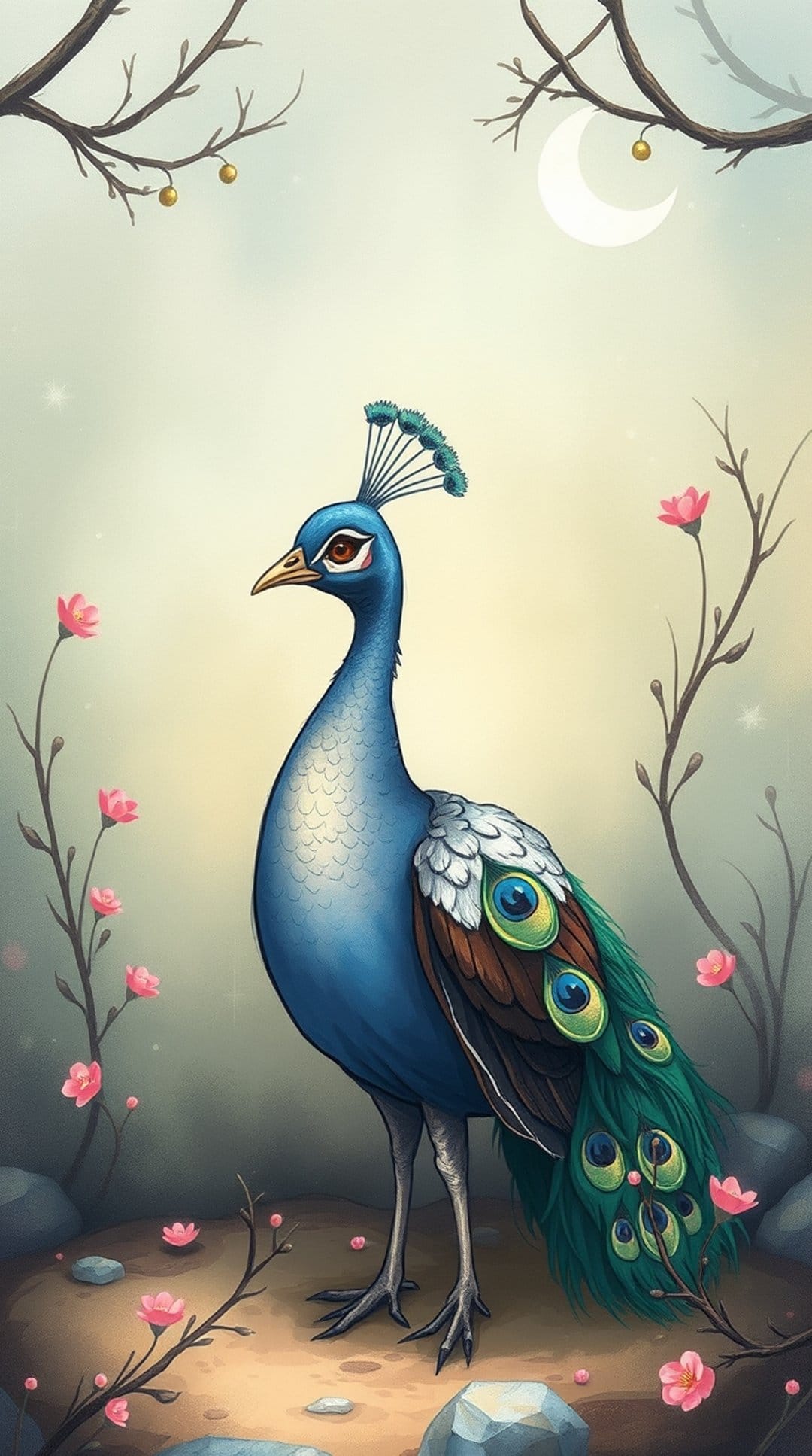 Peacock with blue plumage perches near pink cherry blossoms under a glowing crescent moon in a night scene.