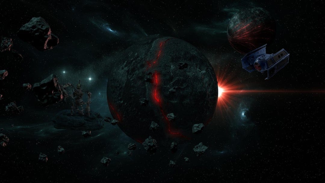 Tie Fighter flies past a cracking planet emitting red energy and jagged asteroids in a dark star-filled galaxy.