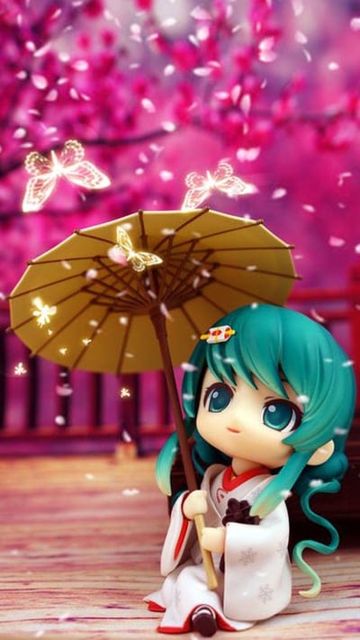 Nendoroid, Hatsune Miku, anime figure, cherry blossoms, parasol, whimsical, cute, Vocaloid, traditional attire, magical, pink petals, butterflies, collectible, Japanese culture, charming, fan art, digital photography, adorable
