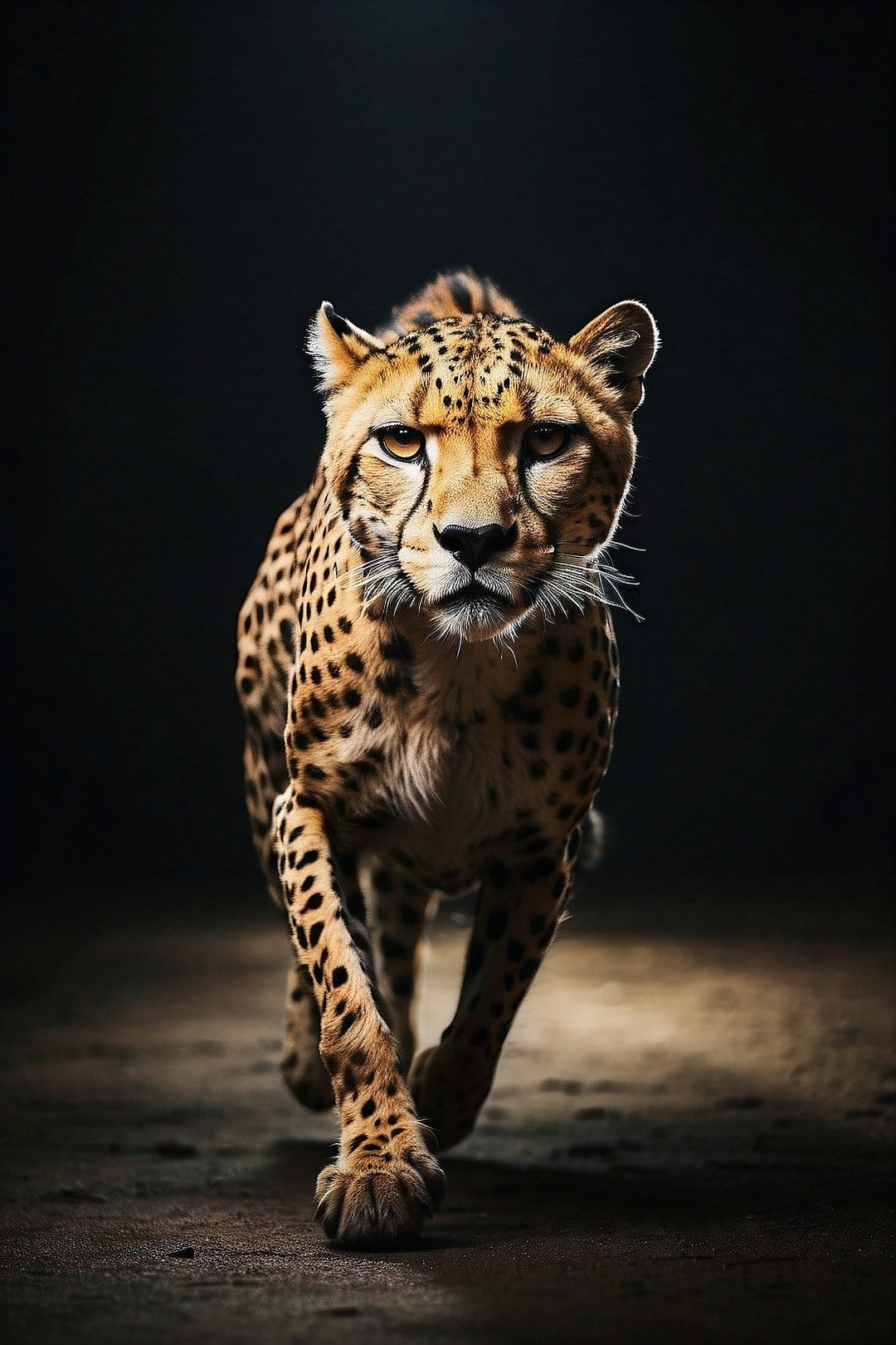 Cheetah with a spotted coat emerges from darkness, showcasing its intense amber eyes and muscular build.