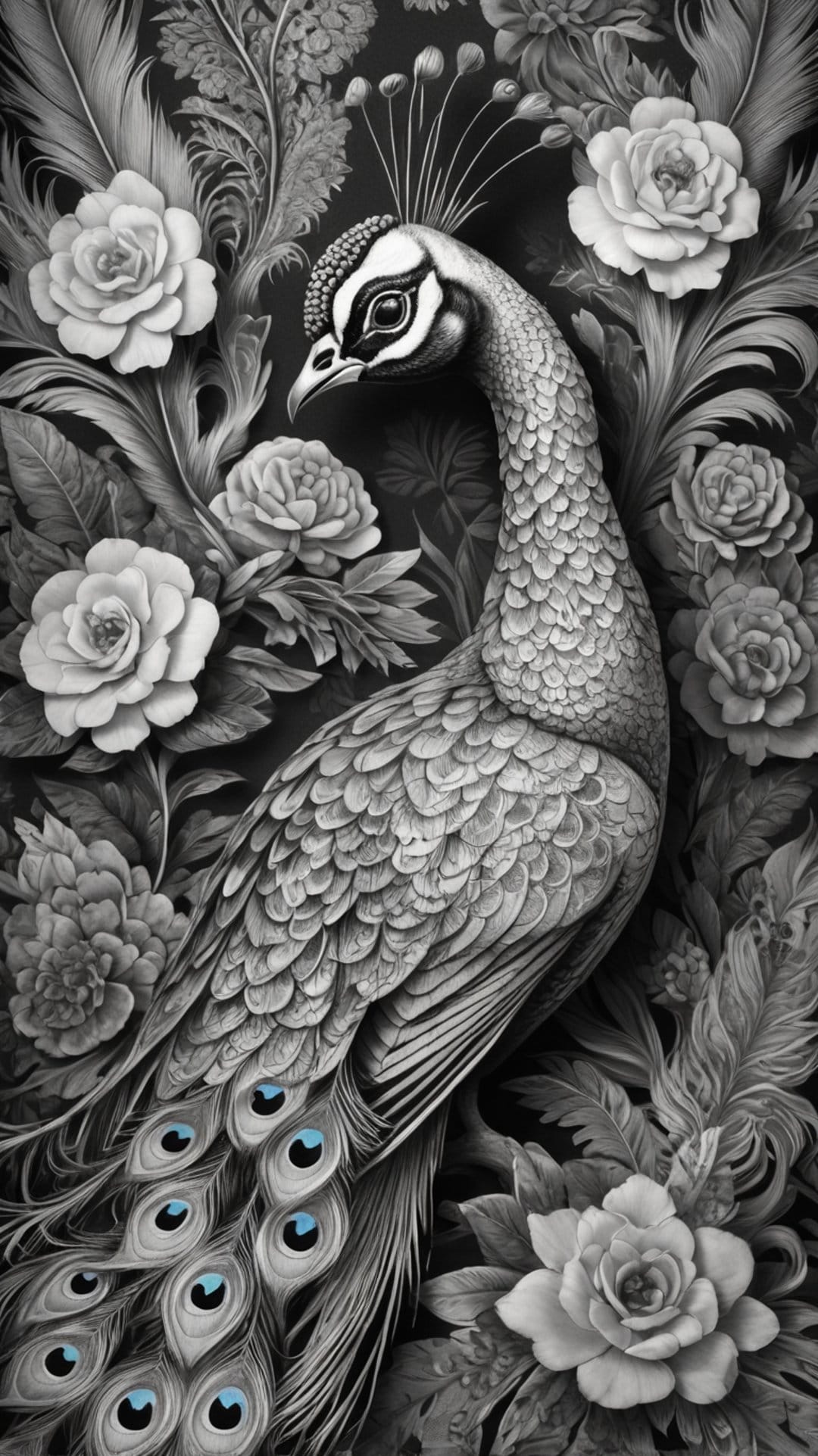 Peacock with detailed plumage amid flowers in monochromatic tones featuring a subtle blue glint in the eye.