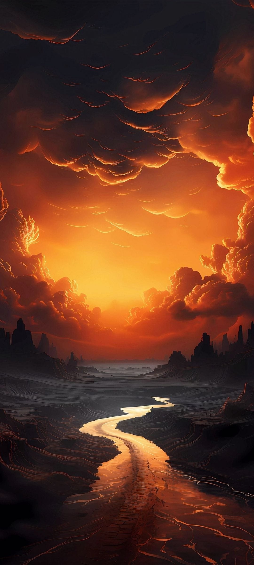 Winding river reflects a vibrant orange and red sunset between dark, jagged mountain ridges under heavy clouds.