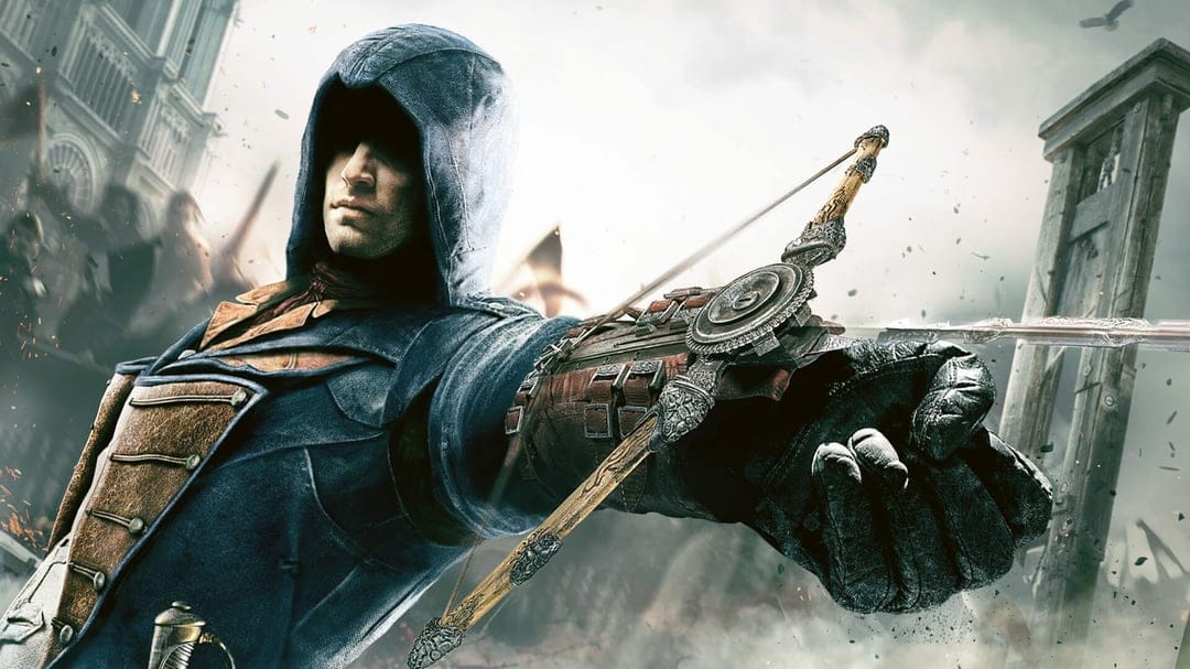 Arno Dorian aims a Phantom Blade gauntlet against a backdrop of Revolutionary Paris with a guillotine and Notre Dame.