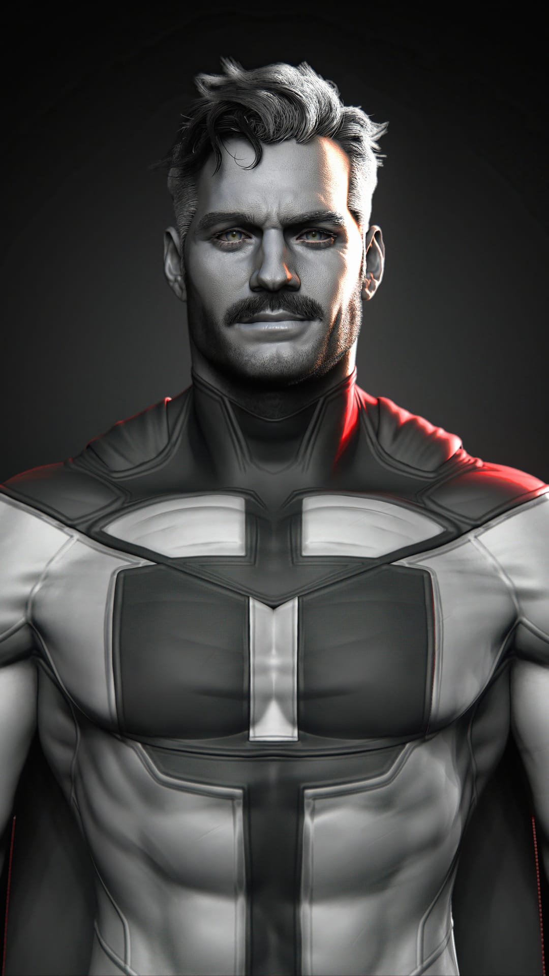 Muscular man with a mustache in a grayscale superhero suit with red shoulder lighting on a dark background.