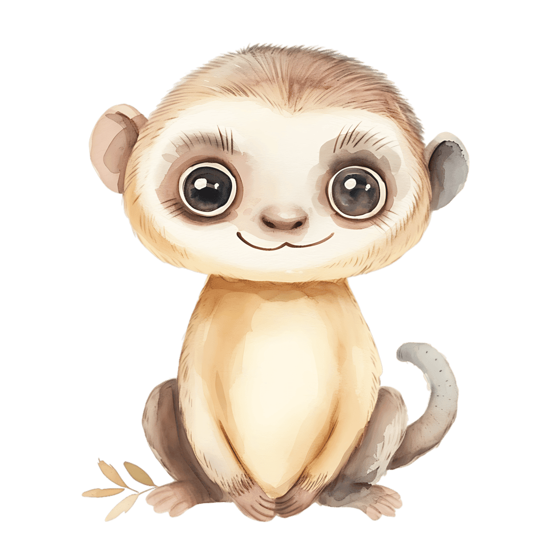 Watercolor lemur illustration featuring large dark eyes and brown fur sitting beside green forest leaves.