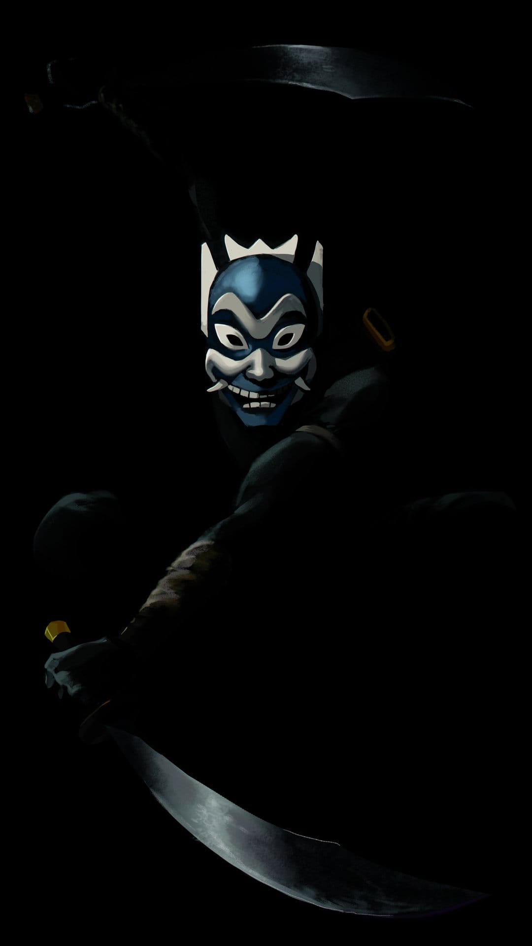 The Blue Spirit wearing a blue and white mask holds two curved scimitars against a dark, shadowy background.