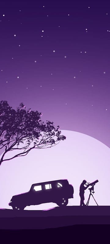 The explorer, black, car, explorer, jeep, man, purple, star, telescope, tree, violet, mobile wallpaper, android wallpaper, iPhone wallpaper, phone wallpaper