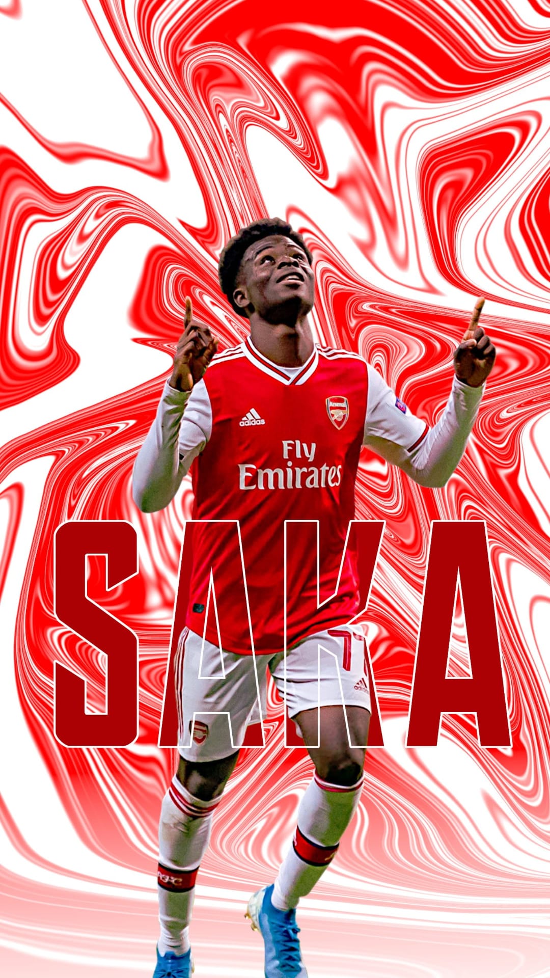 Bukayo Saka stands before bold red SAKA text and a swirling red and white abstract backdrop for mobile screens.