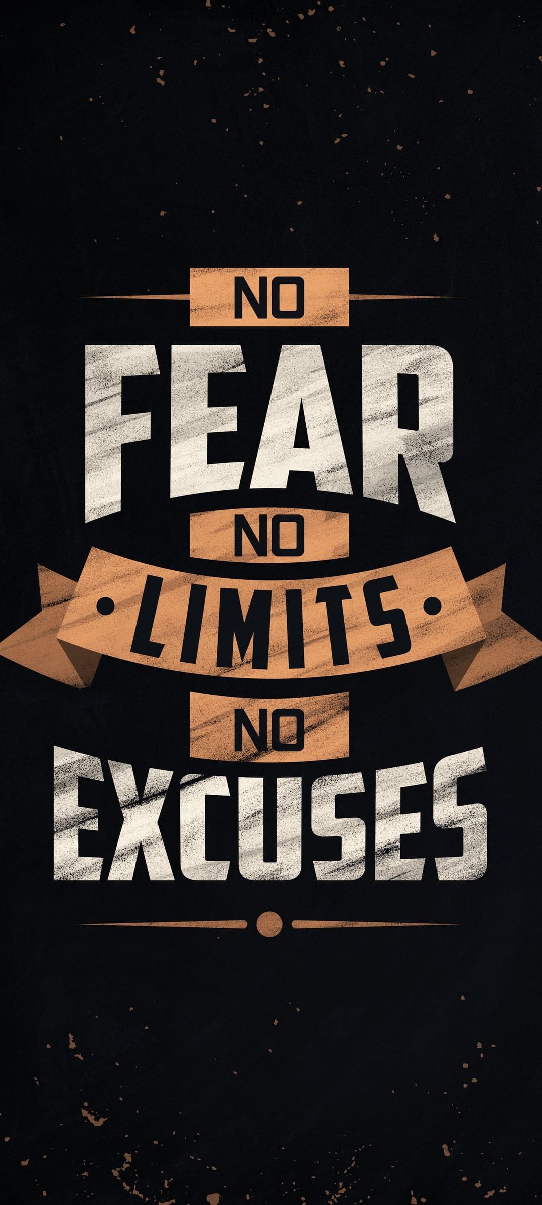 Bold textured text reading no fear no limits no excuses centered on a dark charcoal gray industrial surface.