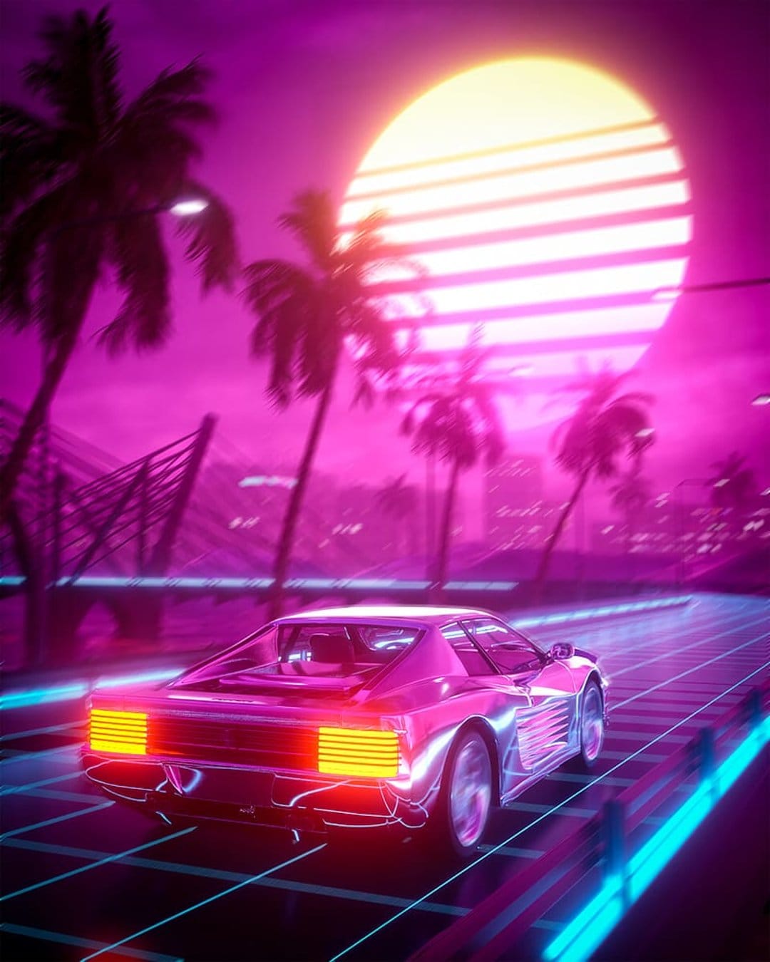 Classic sports car driving on a glowing neon grid road between silhouetted palm trees under a magenta sun.