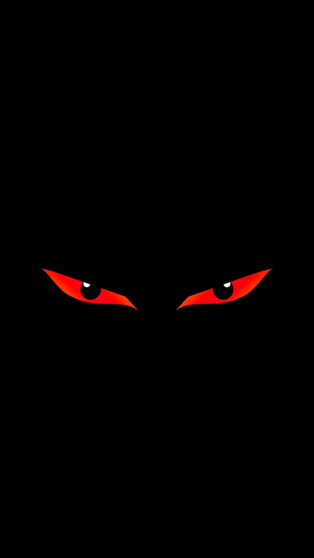Two angular red glowing eyes with white pupils stare forward against a solid black backdrop in high contrast.