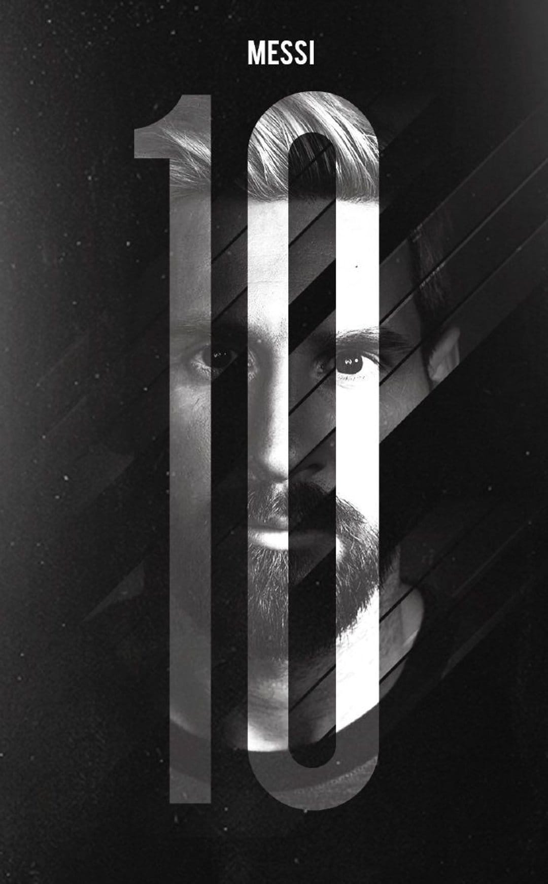 Lionel Messi's face blended into a large number ten with sharp diagonal lines and high-contrast grayscale tones.