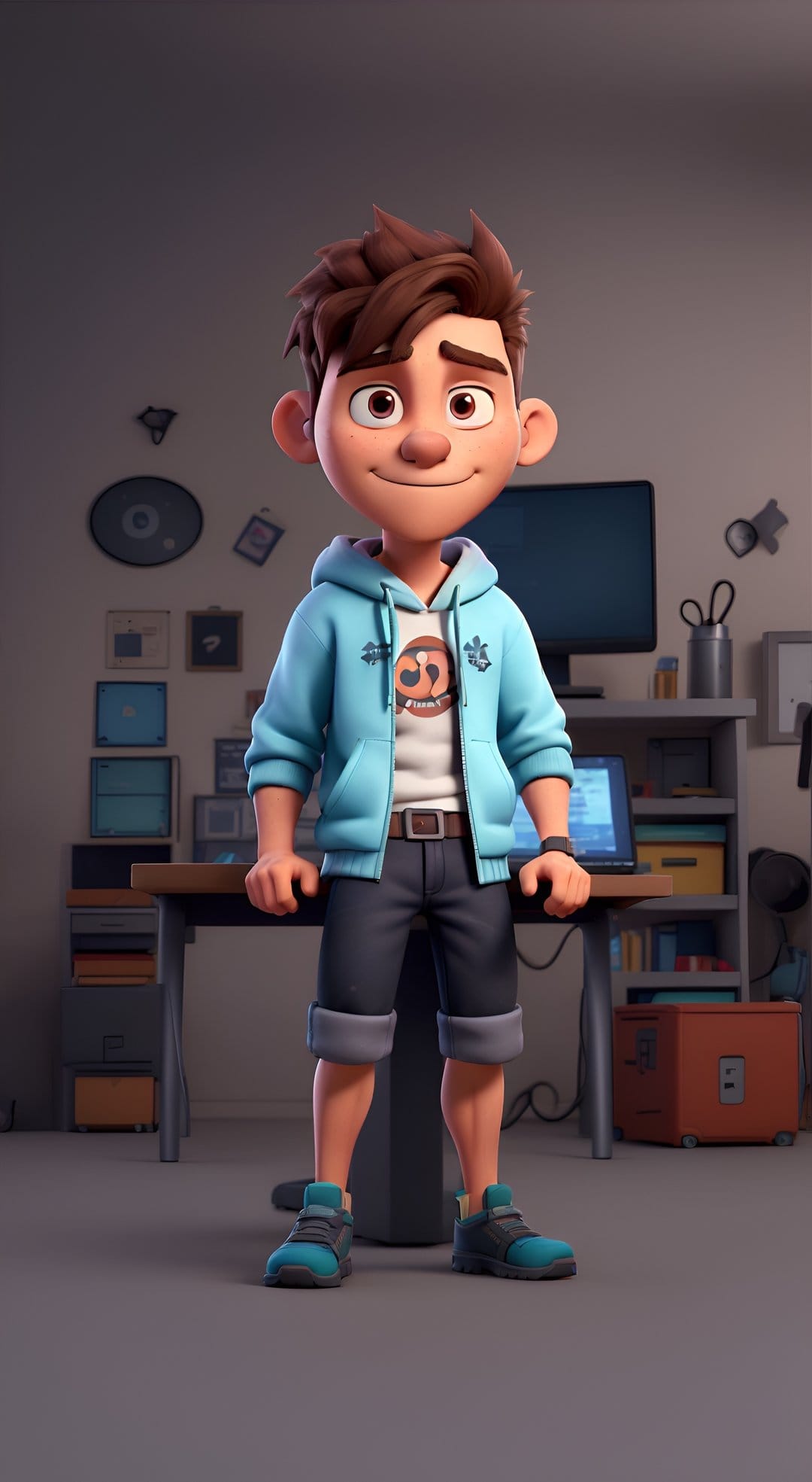 3D boy in a light blue hoodie and sneakers stands in a room with a laptop, desk, and bookshelf in the background.