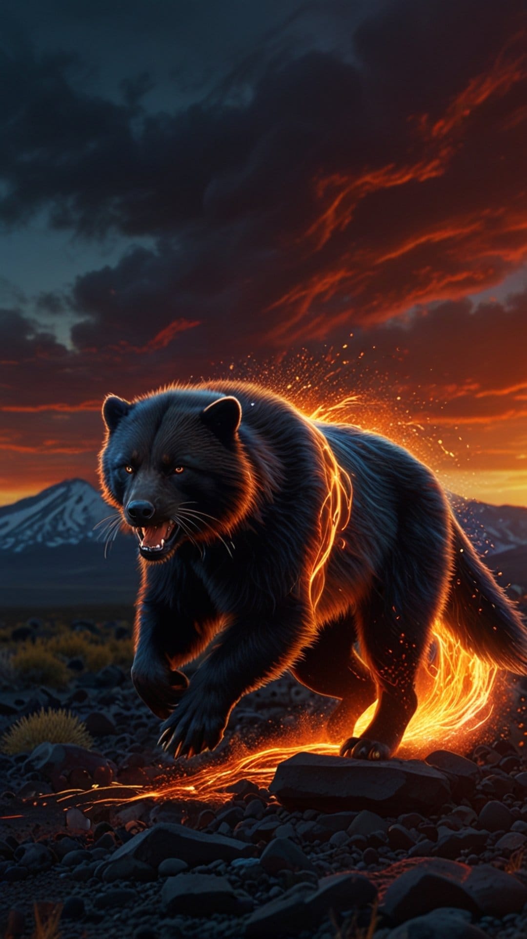 Black bear with glowing orange fur and fiery trails running across jagged rocks under a dark sunset sky.