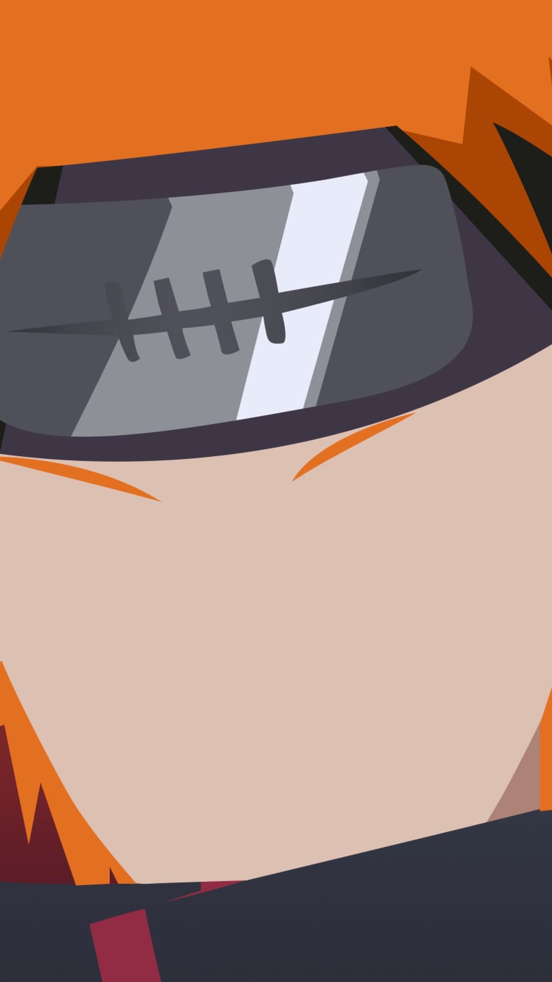 Pain exhibits purple Rinnegan eyes and metal facial piercings beneath orange hair on a black background.