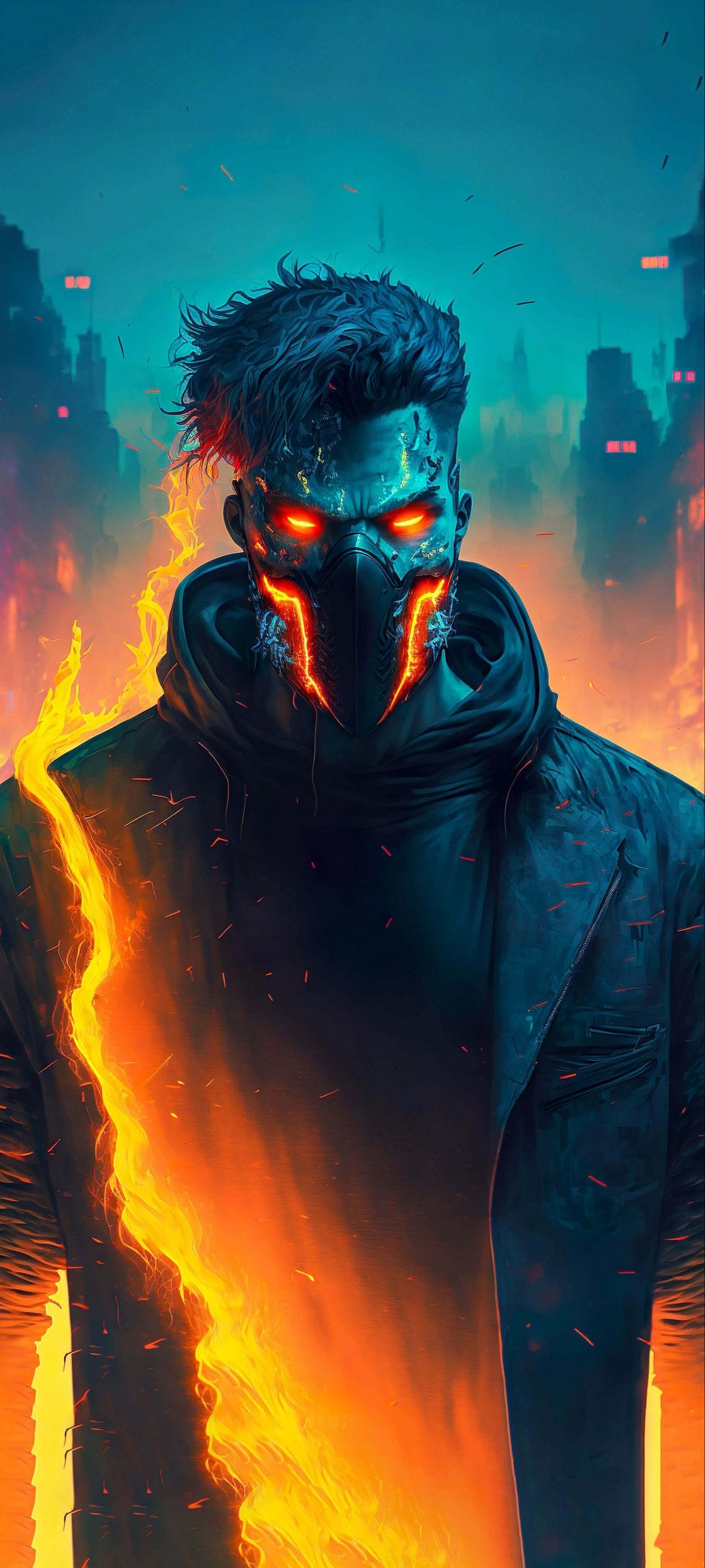 Masked cyberpunk warrior with glowing orange facial details and floating embers against a teal neon cityscape.