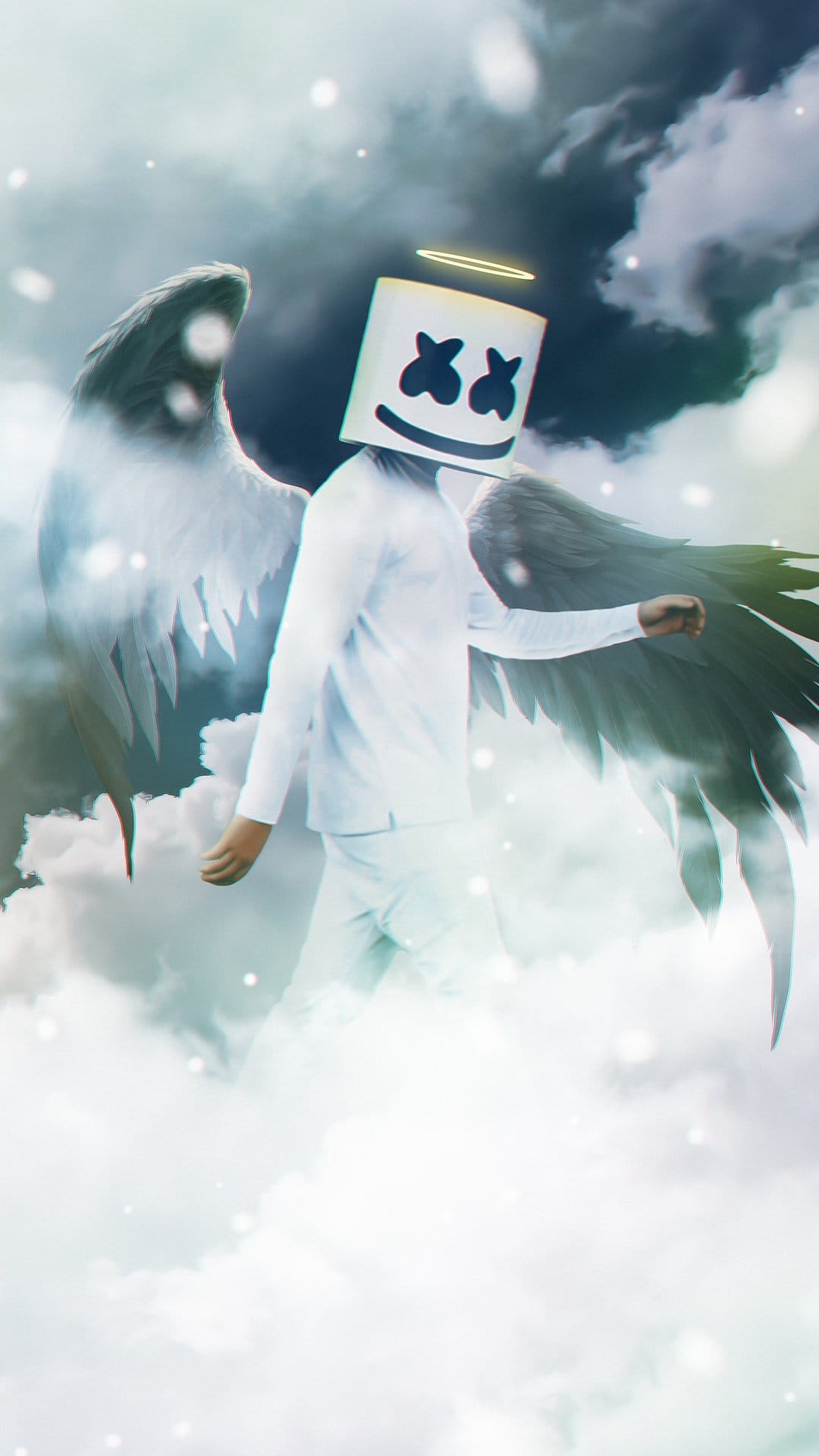Marshmello with large white wings and a glowing halo stands surrounded by soft, swirling clouds in a white sky.