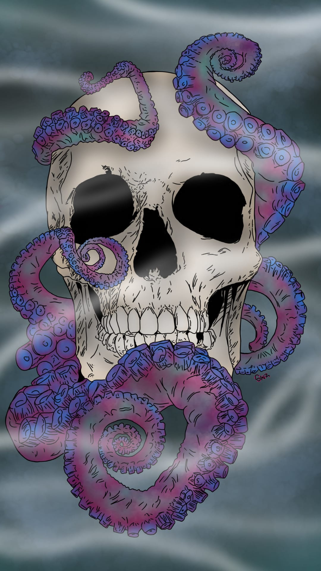 Human skull wrapped in vibrant purple and blue octopus tentacles against a misty gray atmospheric background.