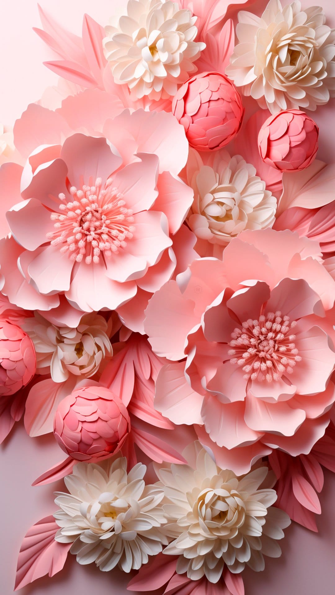 Blush pink and white paper peonies with intricate layered petals arranged in a dense, decorative floral cluster.