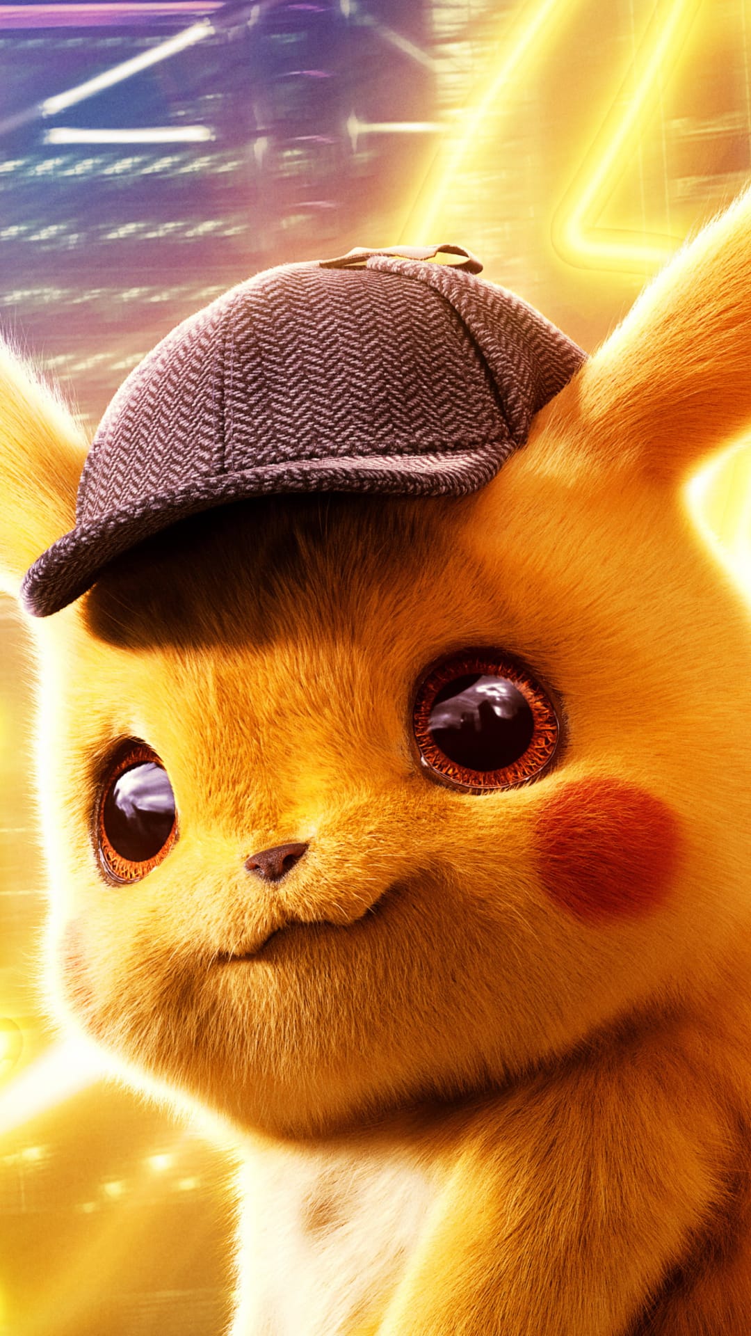 Detective Pikachu wearing a tweed hat with large expressive eyes and red cheeks against golden bokeh lights.