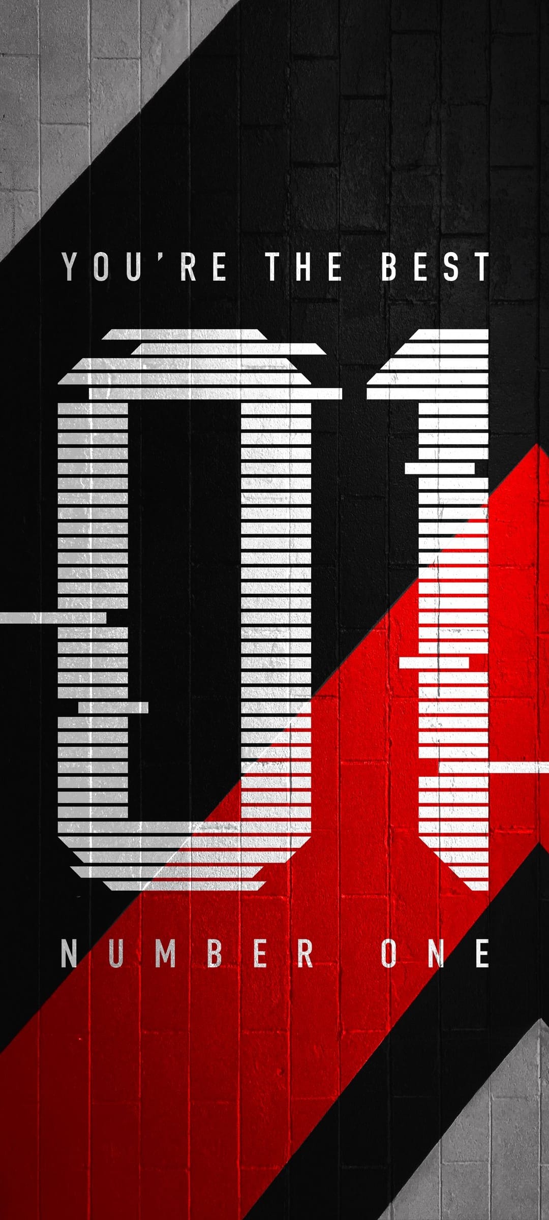 Striped white number 01 on a textured black background with diagonal red and grey accents and motivational text.