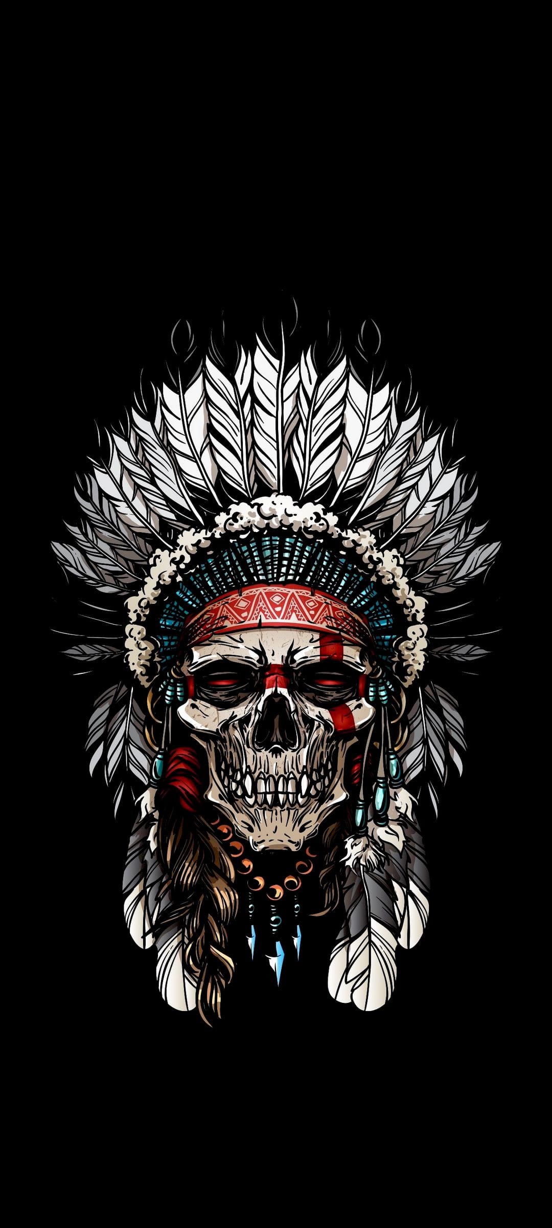 Tribal skull wearing a feathered war bonnet with red and blue markings against a dark, shadowed background.