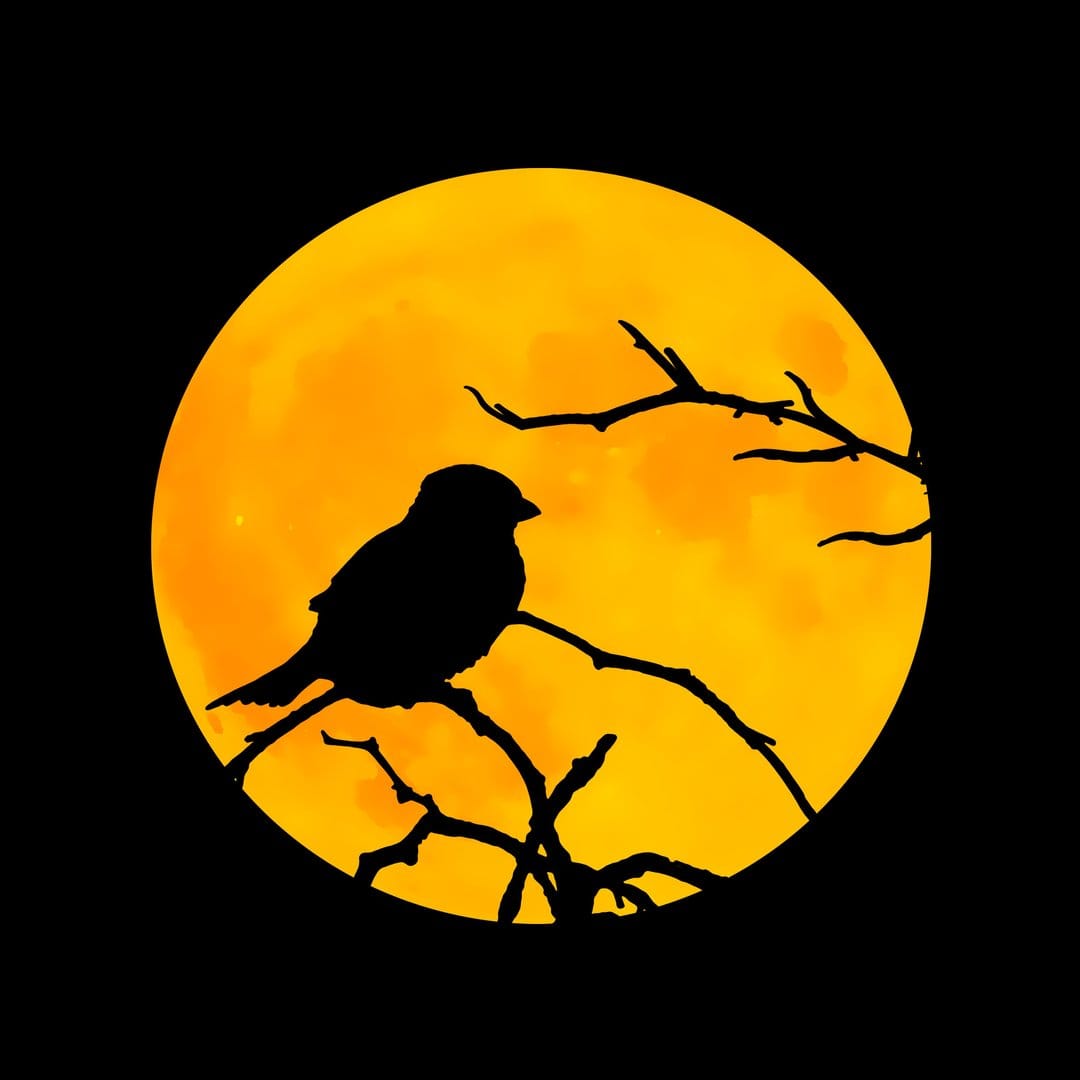 Small bird silhouette perched on a bare tree branch in front of a massive, glowing orange full moon at night.