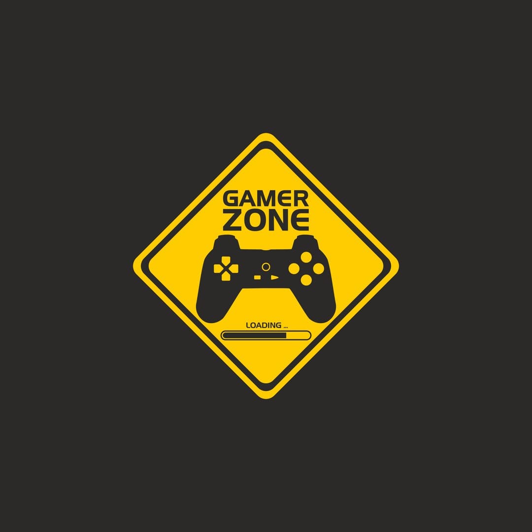 Yellow diamond sign with gamer zone text, a gamepad silhouette, and a loading bar on a solid background.