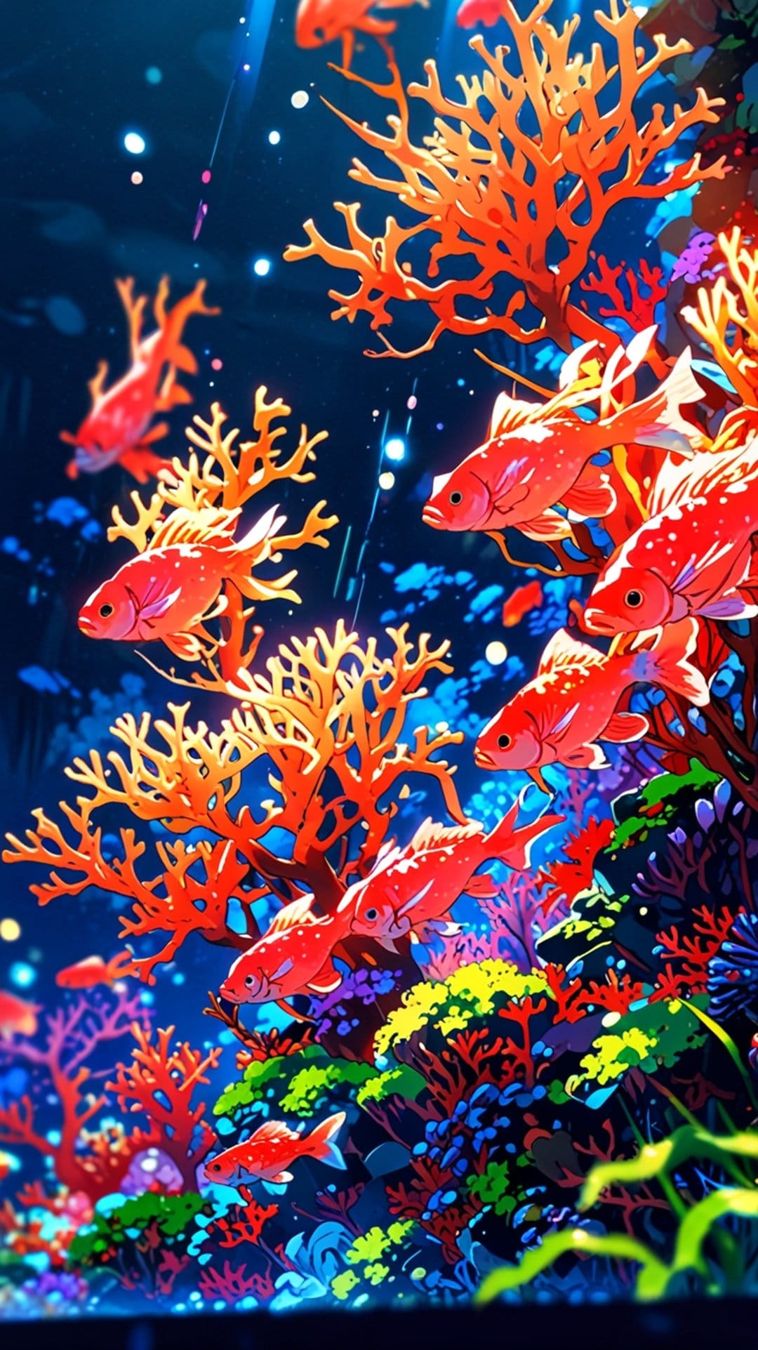 Bright orange fish swim amidst bioluminescent purple and red corals in a deep blue vertical underwater scene.
