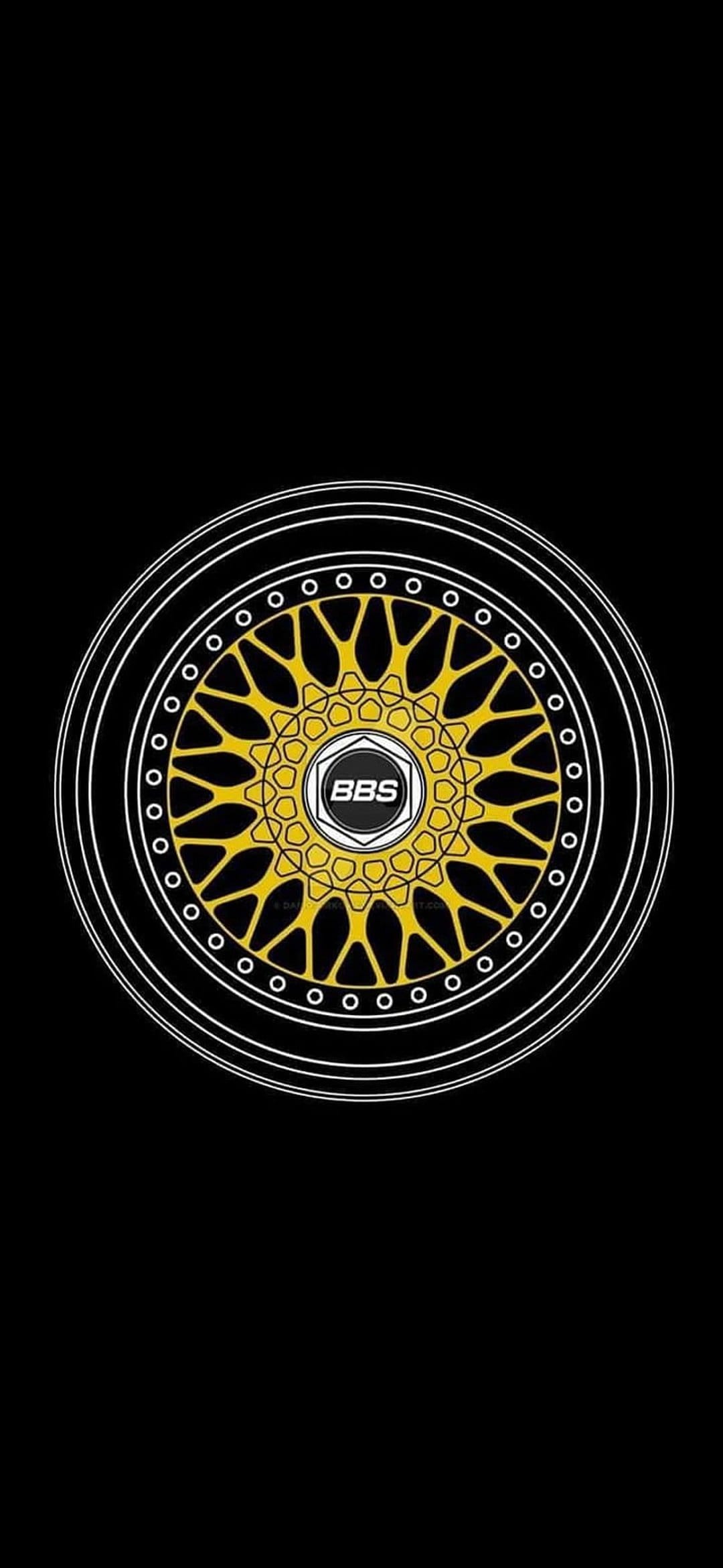 Gold mesh BBS rim featuring a hexagonal center cap and white outlines sits centered on a solid black background.