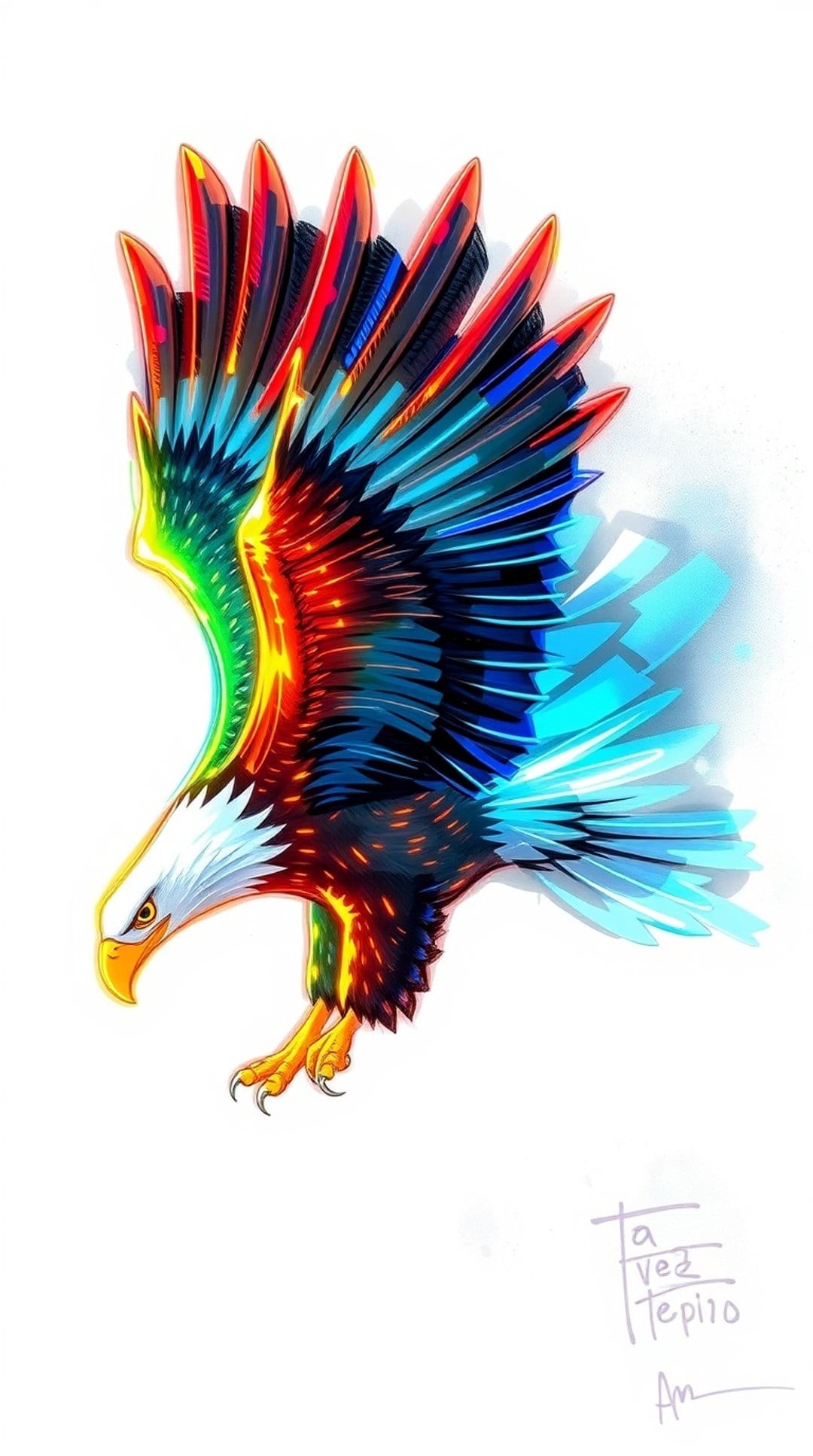 Bald eagle in flight featuring geometric wings with orange fire and blue ice textures against a white backdrop.