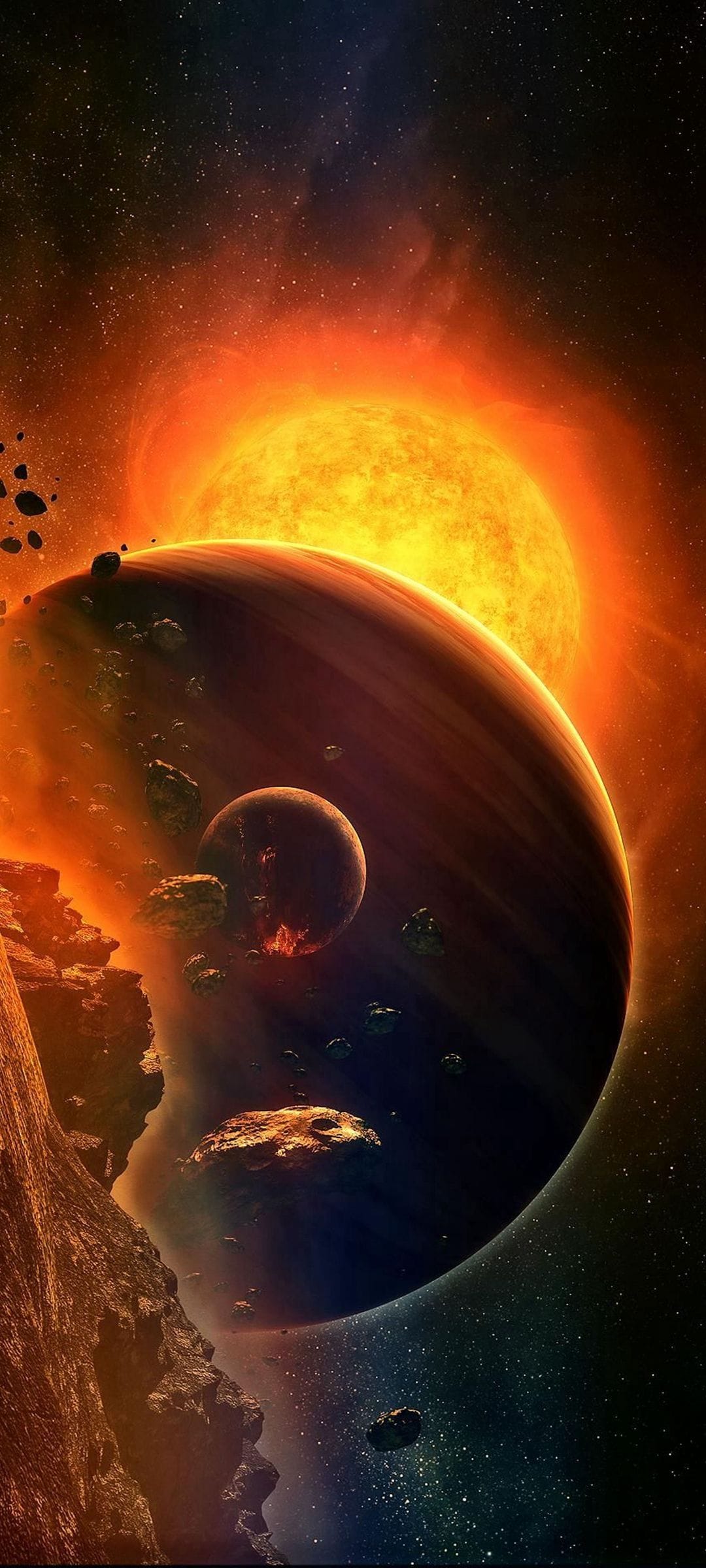 Radiant blazing sun illuminates a massive gas giant and a smaller rocky moon with visible volcanic eruptions.