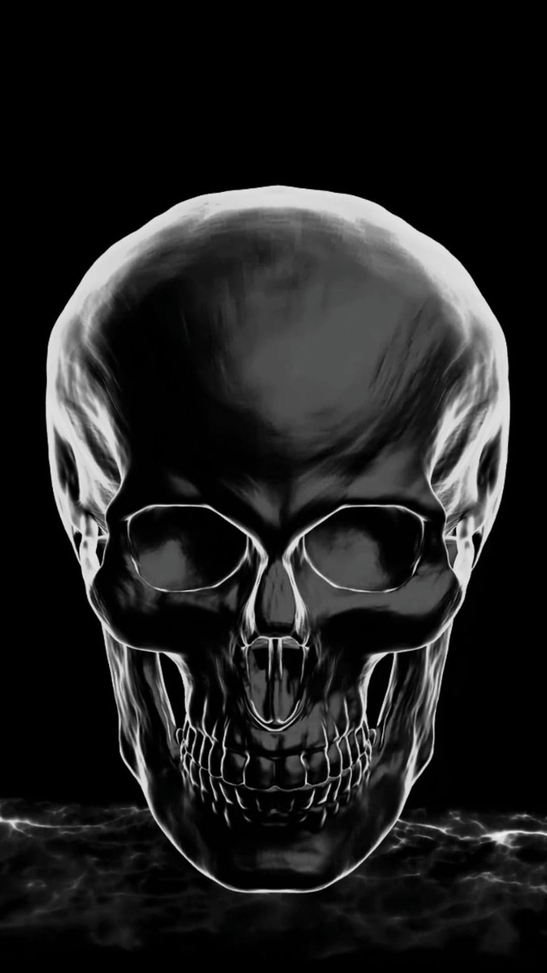 Translucent skull glowing with soft light while surrounded by swirling dark gray smoke and thick misty shadows.