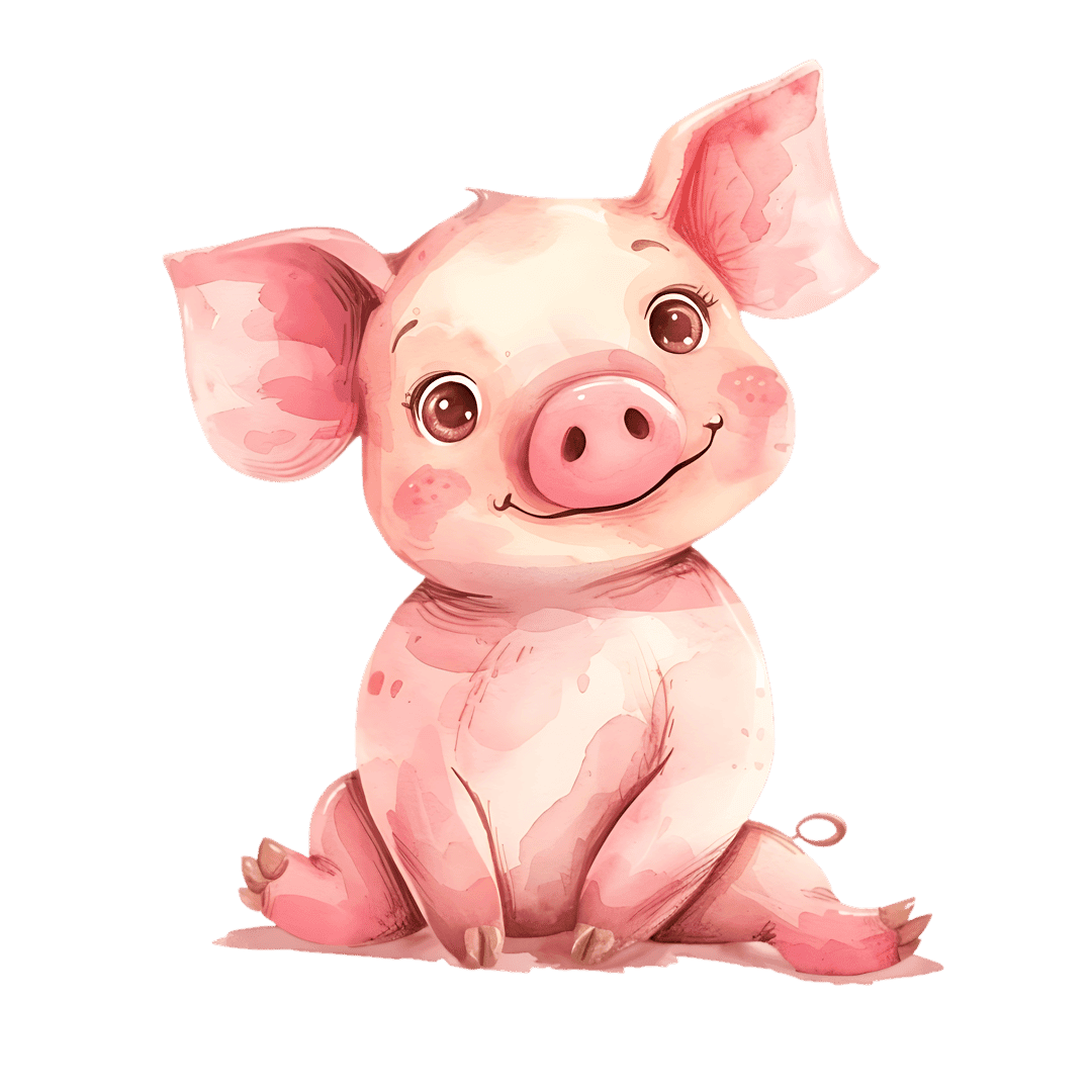 Pink watercolor piglet sitting on a black background with large brown eyes and floppy ears in a soft style.