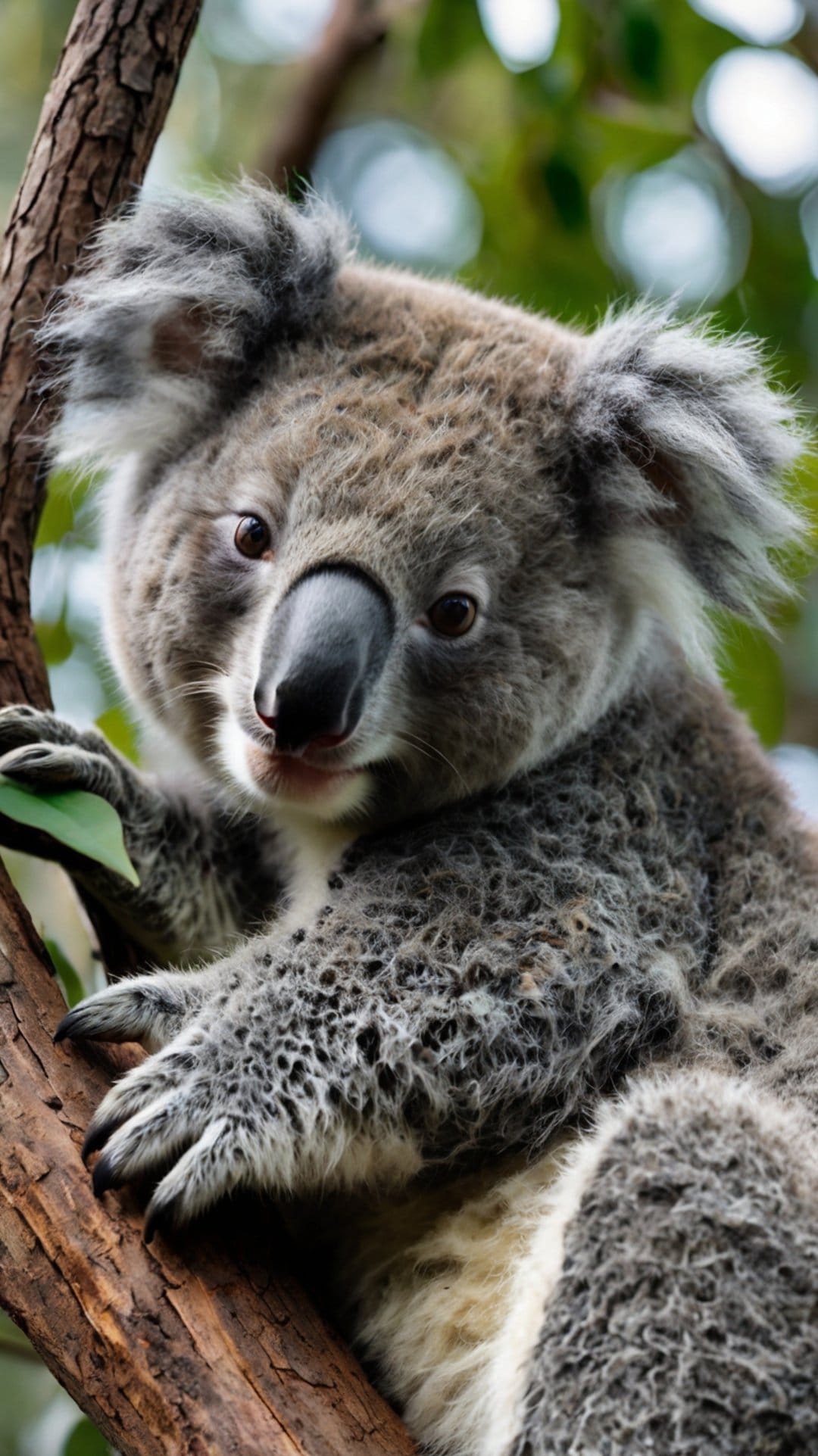 Koala with fluffy ears and a dark nose clings to a textured tree branch against a blurred green background.