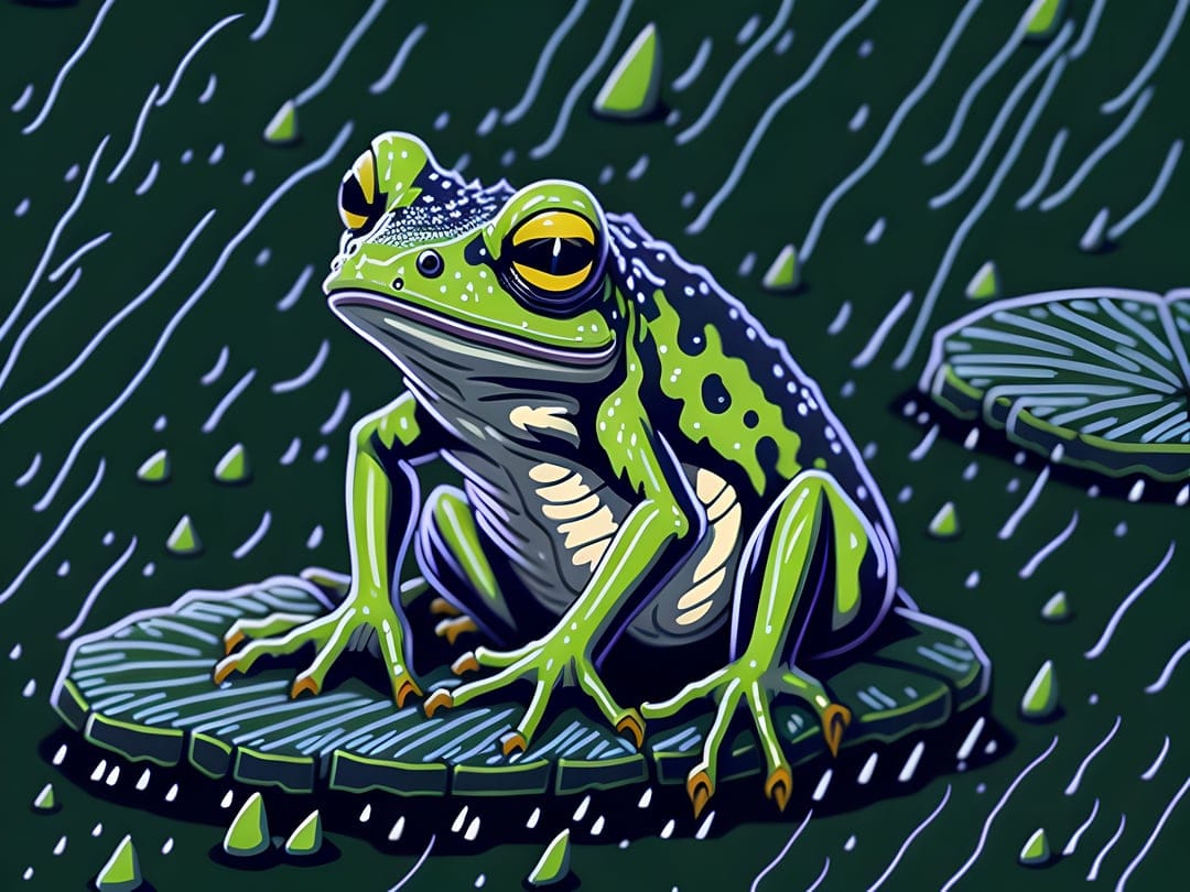 Green spotted frog with yellow eyes sits on a lily pad during rain in a dark pond with stylized water droplets.