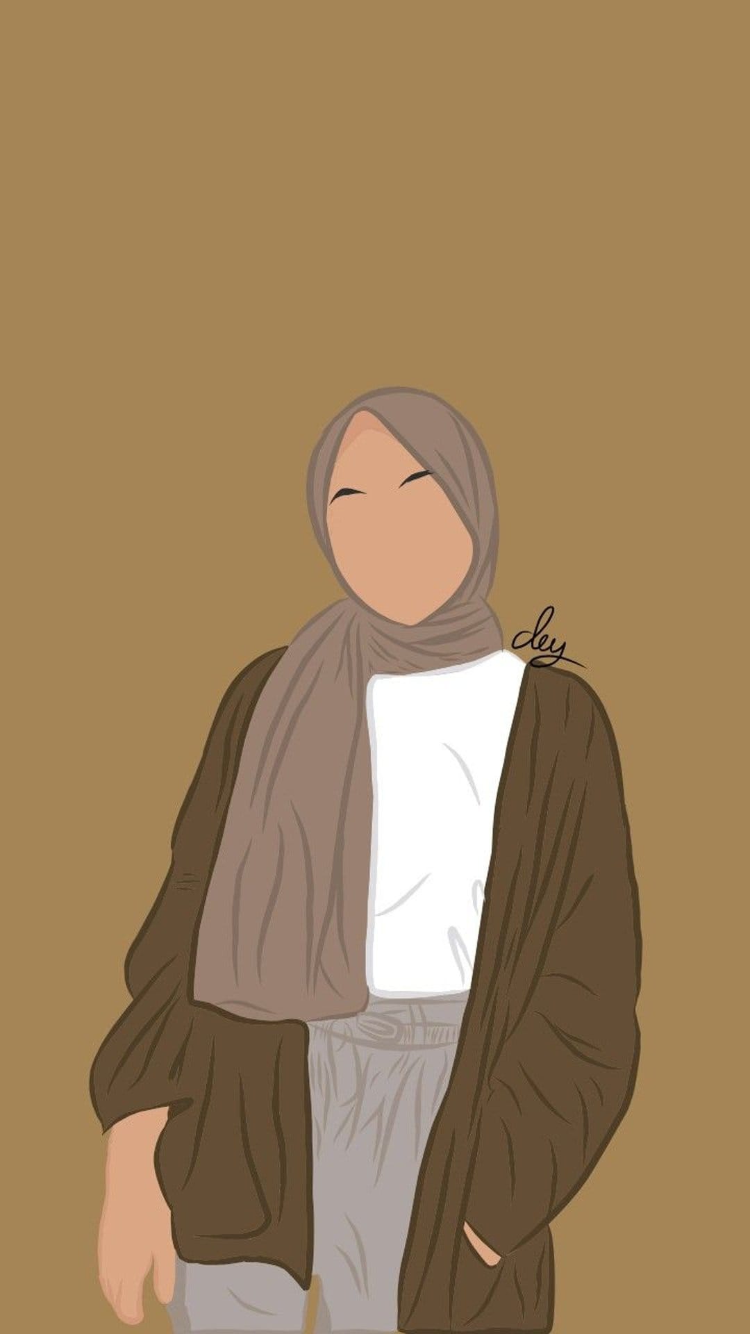 Woman wearing a light brown hijab and cardigan stands against a solid tan background in a faceless art style.