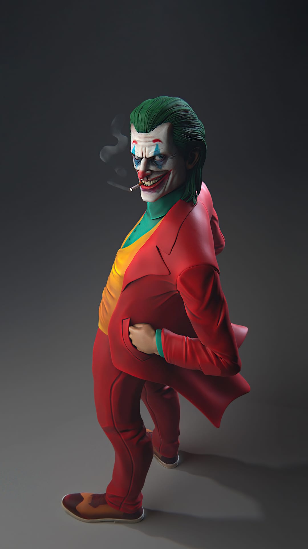 Arthur Fleck as Joker smoking a cigarette in a red suit with green hair and clown makeup against a dark background.