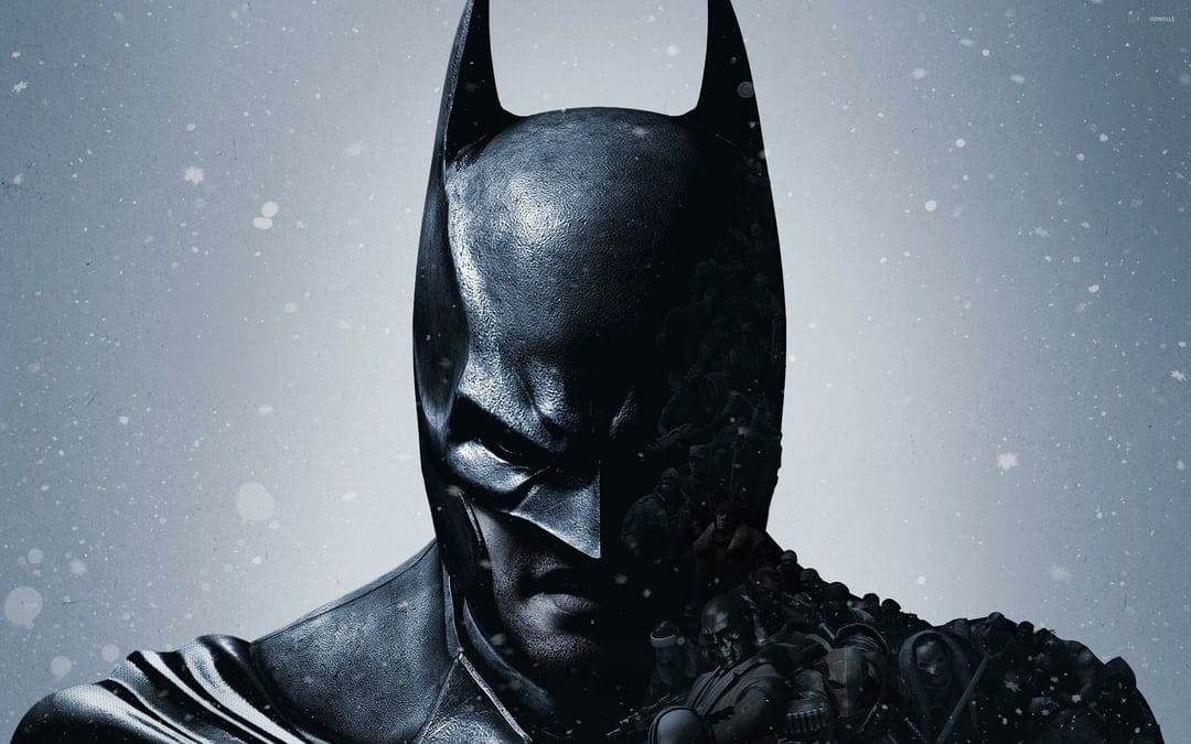 Batman's gritty, textured cowl in a snowy landscape with character silhouettes integrated into the dark shadows.
