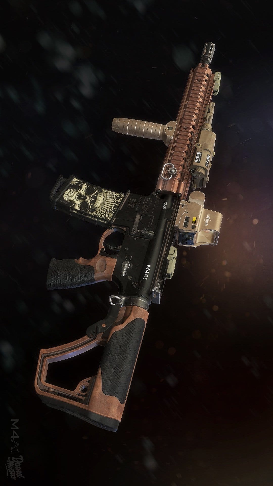 M4A1 assault rifle with a copper finish, skull-engraved magazine, and wood stock against a dark background.