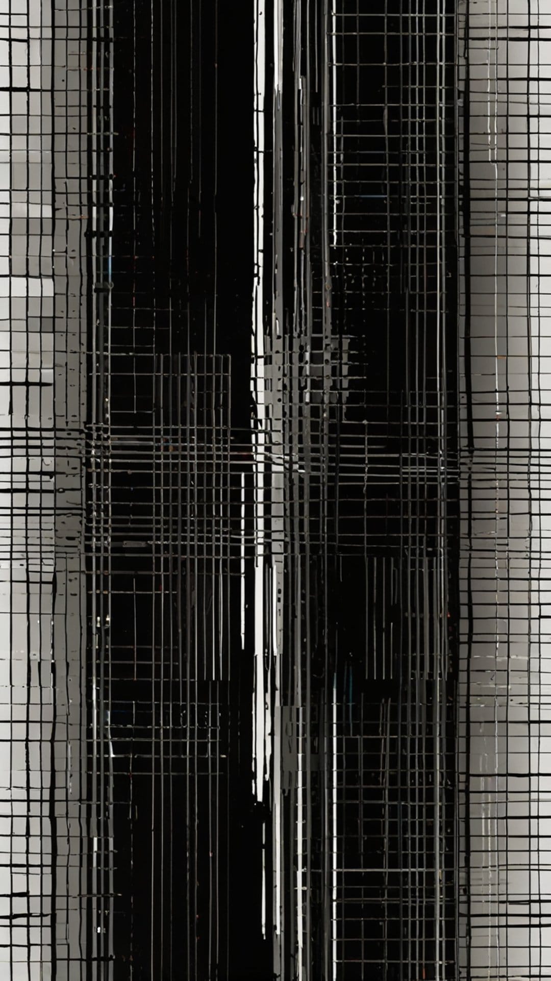 Geometric black and white grid composed of thin intersecting lines and shaded rectangular forms with depth.