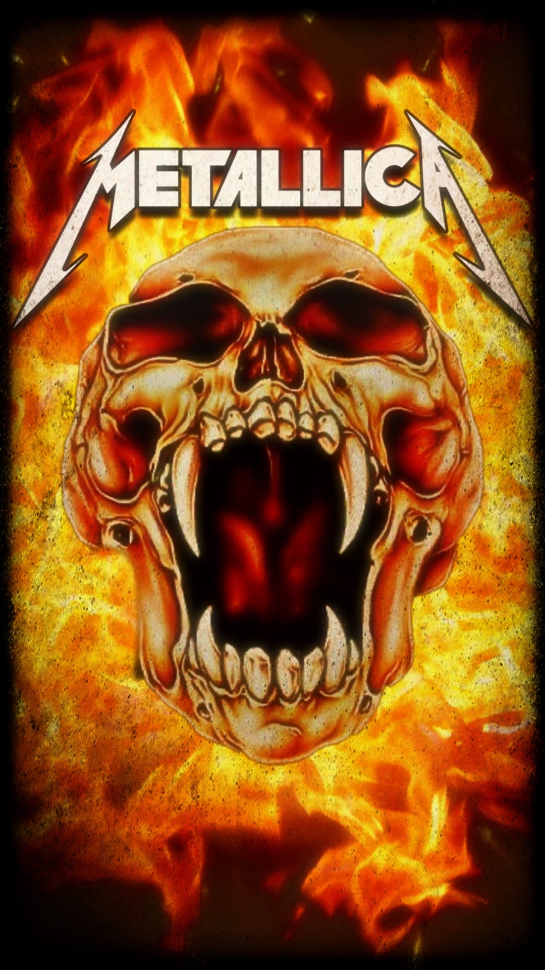 Skeletal skull with bared teeth and glowing red eyes beneath a white logo surrounded by vivid orange flames.