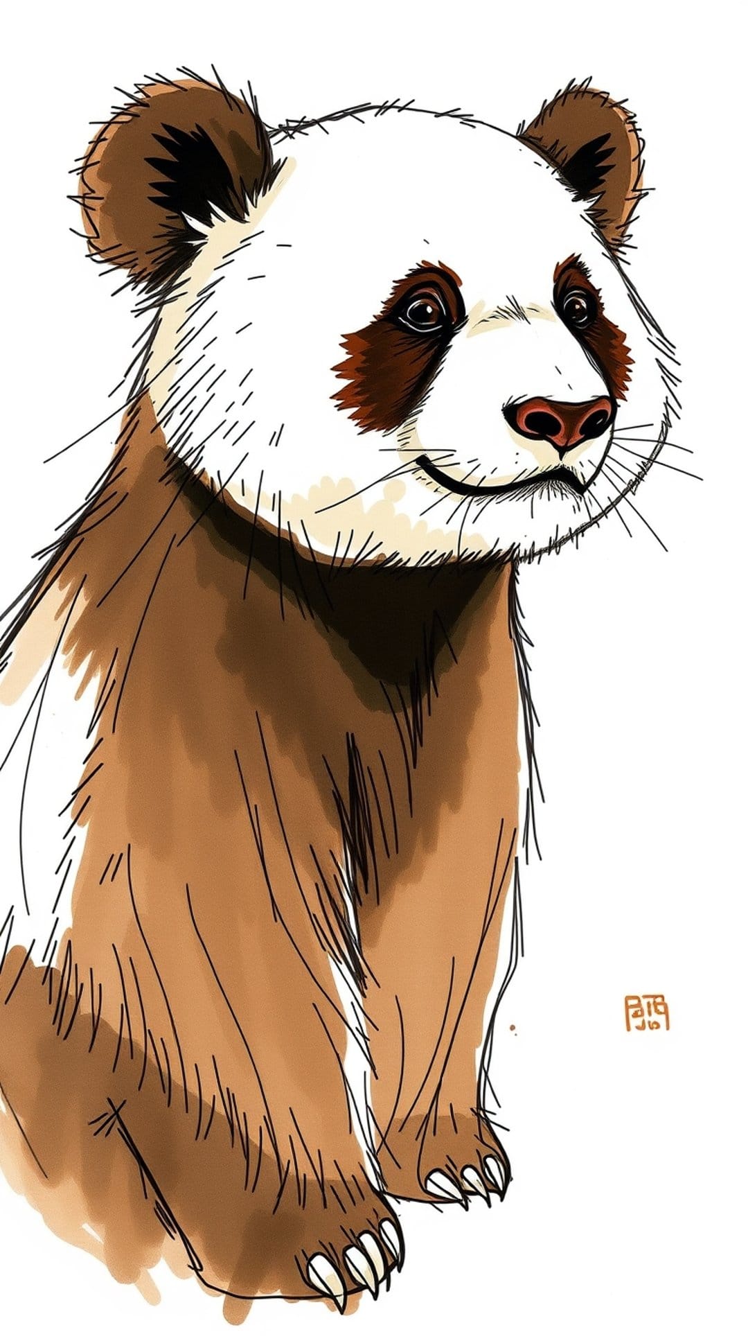 Brown panda with textured fur, sharp claws, and a pink nose looks forward against a minimalist background.