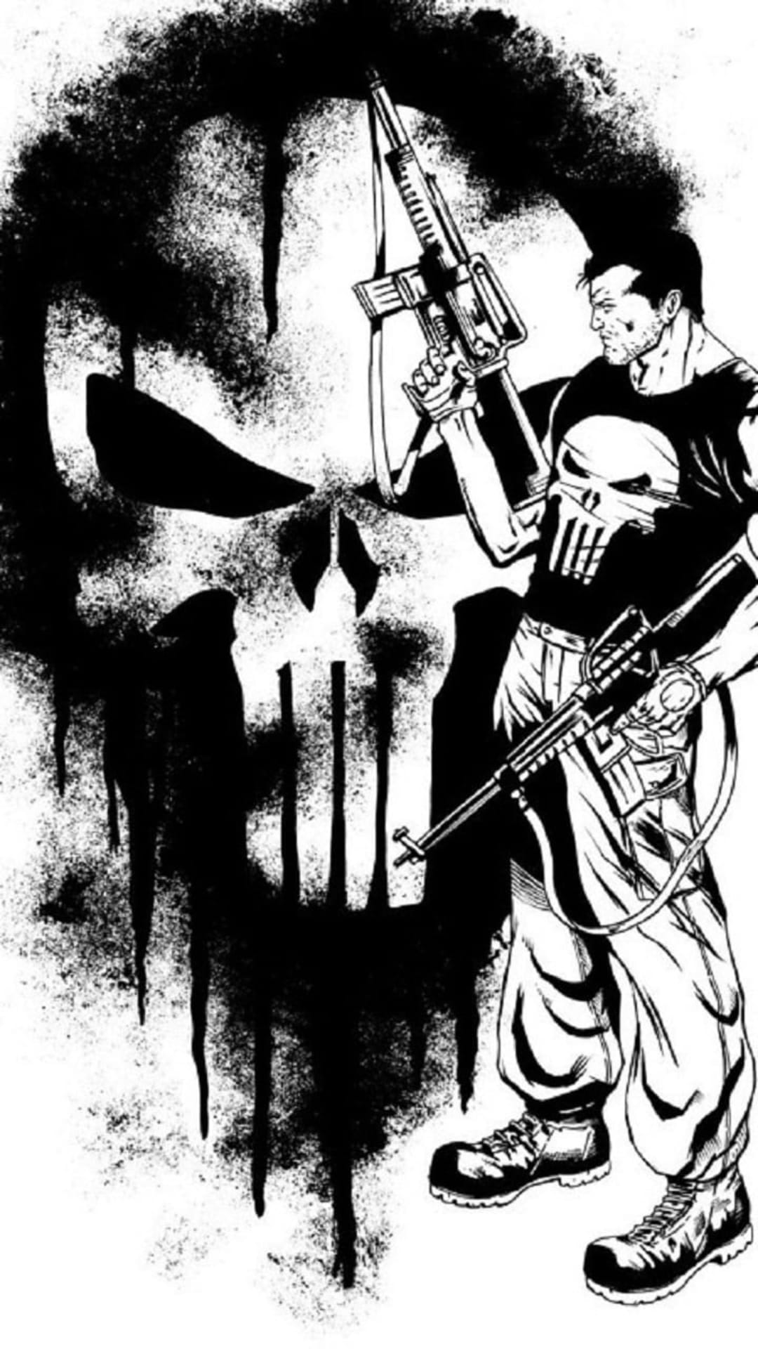 Frank Castle holds a tactical rifle before a dripping white skull symbol in high-contrast monochrome tones.