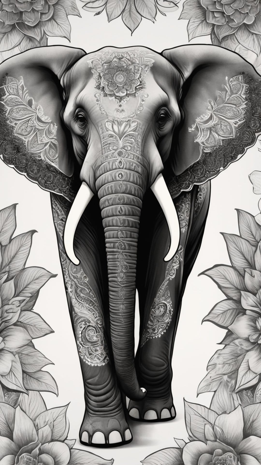 Elephant head with intricate paisley patterns and floral borders in a detailed black and white monochrome style.