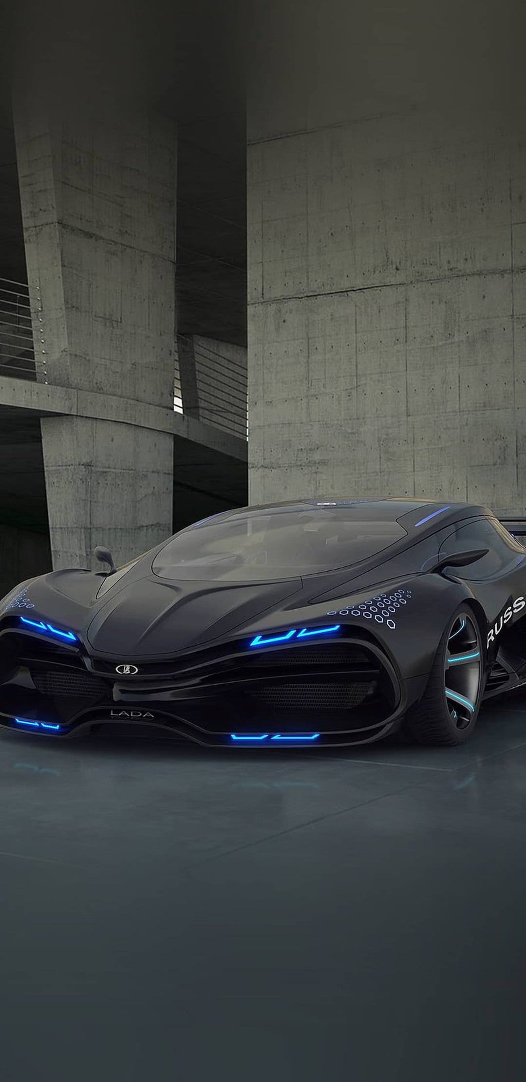Lada concept car with blue neon light strips parked against a brutalist concrete wall in a dark, moody setting.