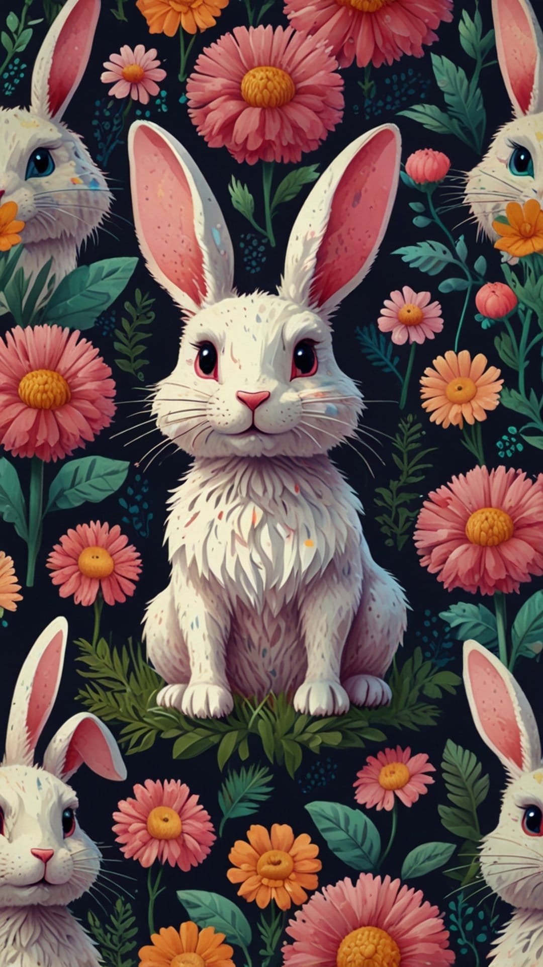 White rabbits nestled in a cluster of pink and orange daisy flowers with green foliage on a dark background.